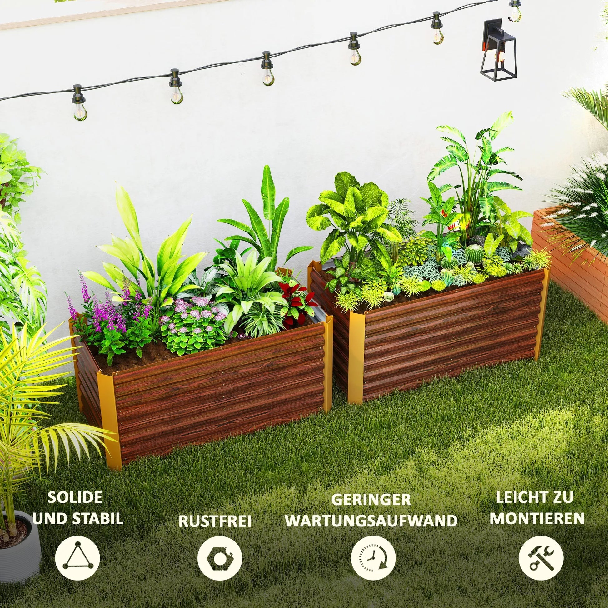 Aukštos lysvės, 2 vnt. rinkinys, gėlių dėžė, ypač gili, metalinė, 120 x 60 x 60 cm, ruda