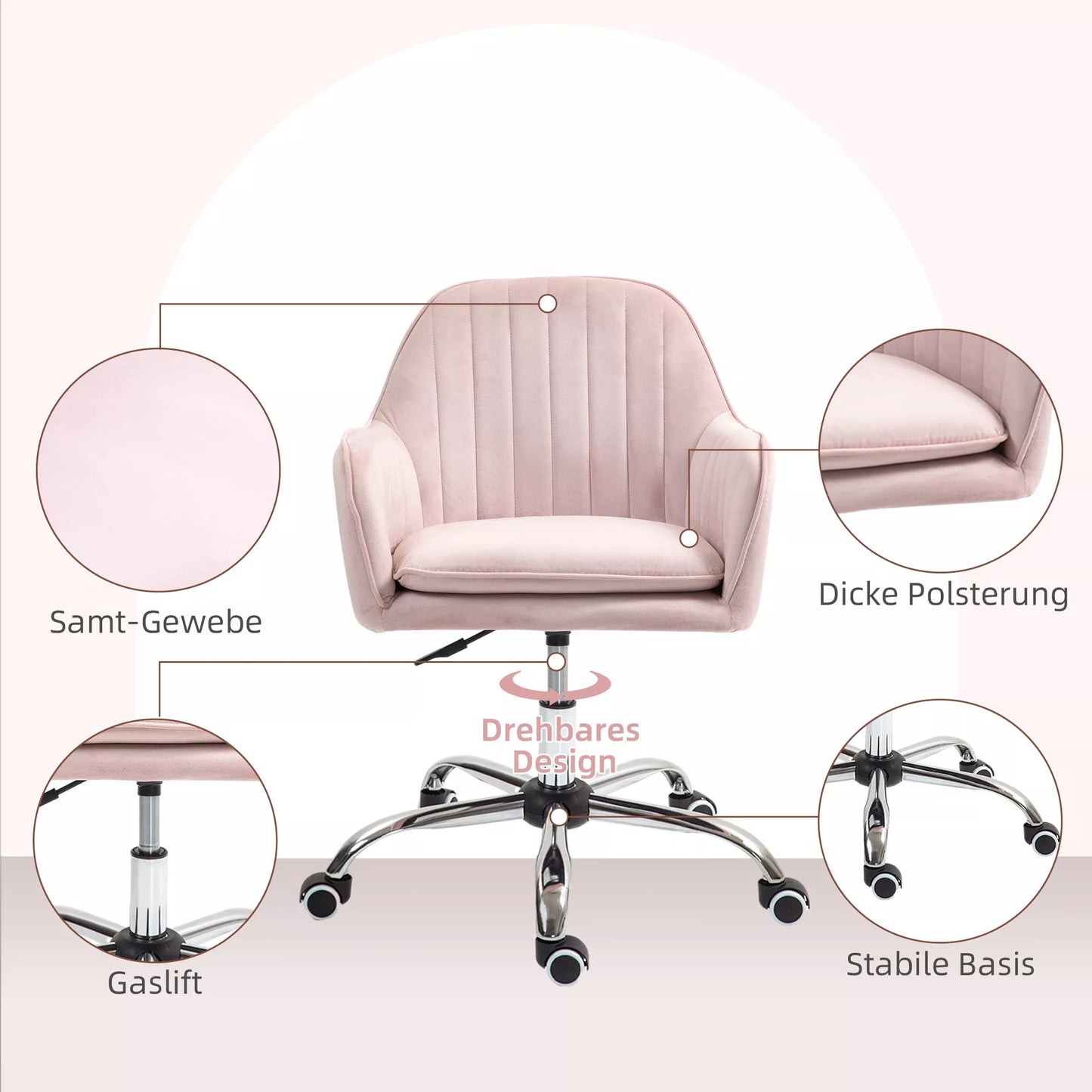 HOMCOM Biuro kėdė, reguliuojamo aukščio, sukinama, su atlošu ir porankiais, rožinė