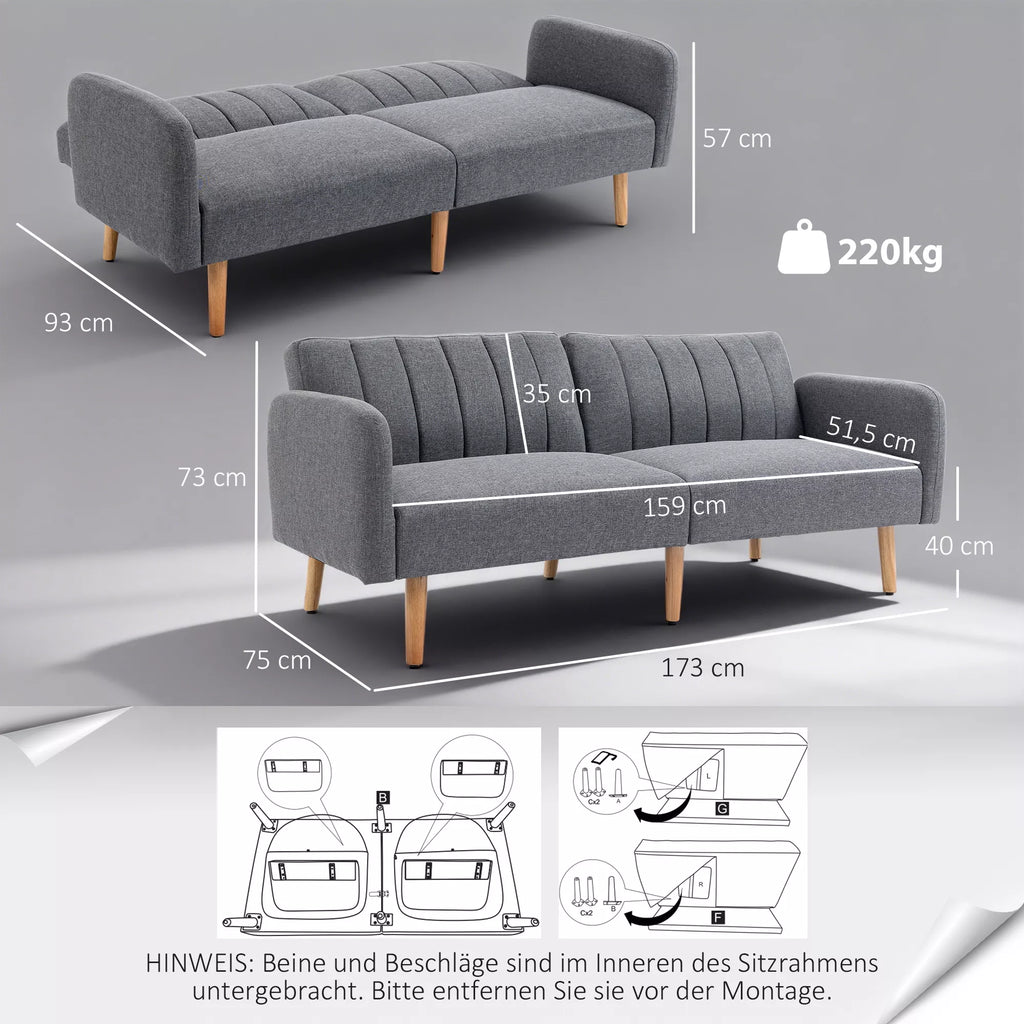 Miegamasis sofos, 2-vietė audinio sofa, sofa su miego funkcija, lino tipo poliesteris, kaučiuko medis, 173 x 75 x 73 cm, pilka