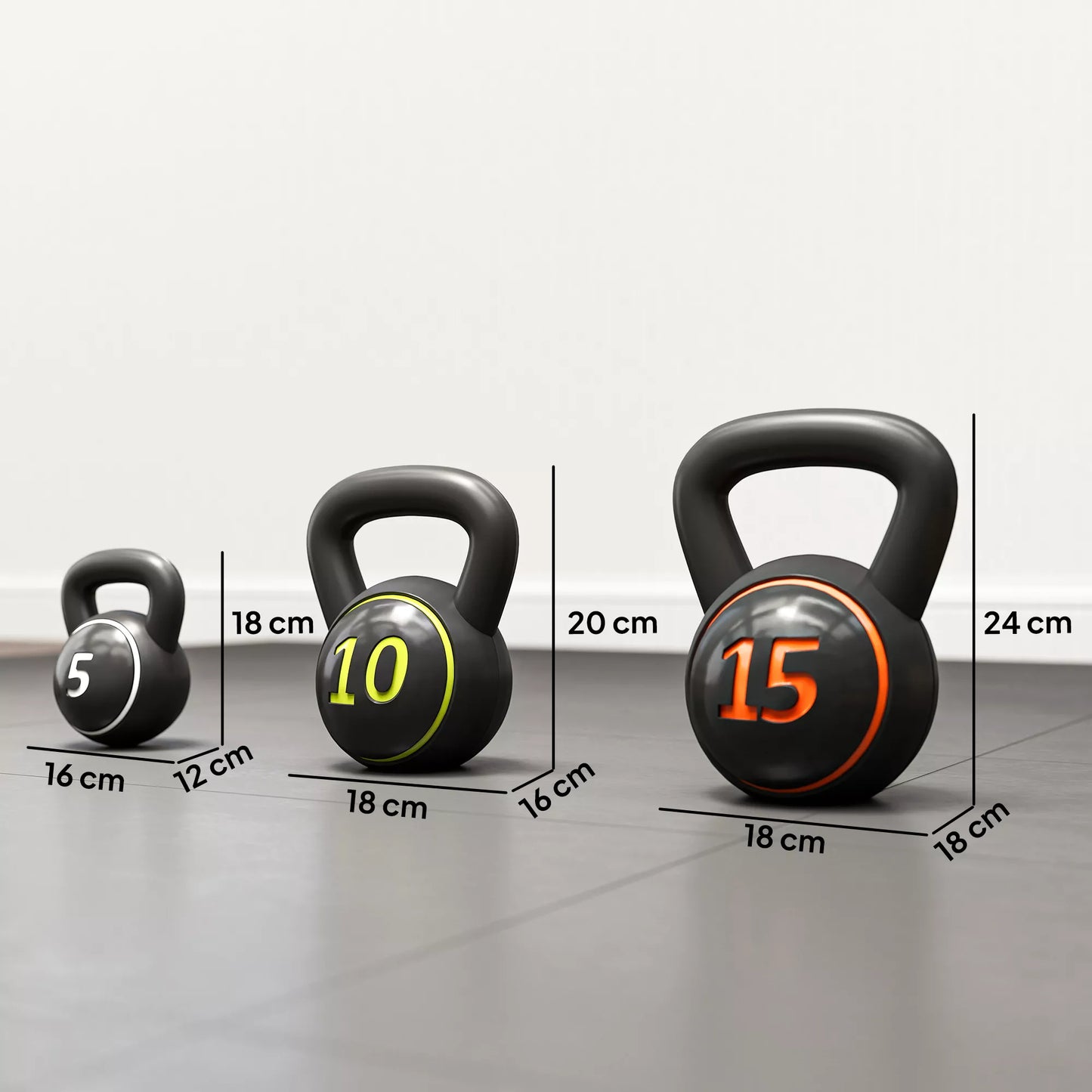 SPORTNOW Kettlebell rinkinys, 3 svareliai 2,2kg/4,5kg/6,8kg, plastikinis apvalkalas, juodas