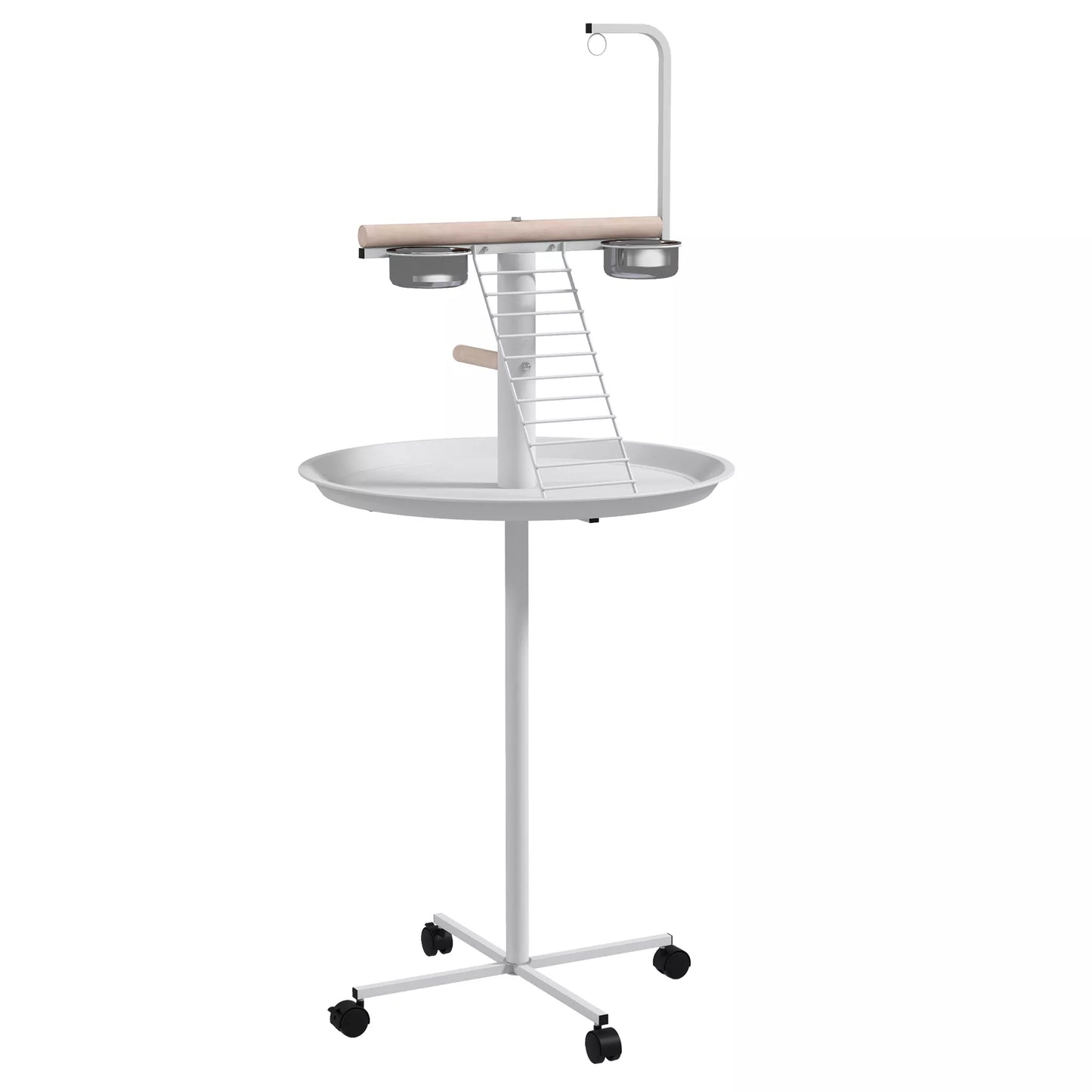 Papūgų lauko sėdynė su atramine kartimi, 1 kopėčiomis, 1 sūpuokle, lesinimo dubenėliais, 60 x 60 x 138 cm, balta + natūralios spalvos