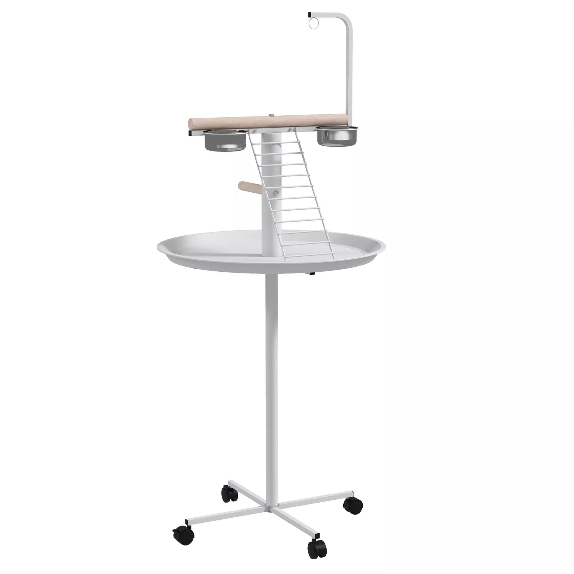 Papūgų lauko sėdynė su atramine kartimi, 1 kopėčiomis, 1 sūpuokle, lesinimo dubenėliais, 60 x 60 x 138 cm, balta + natūralios spalvos