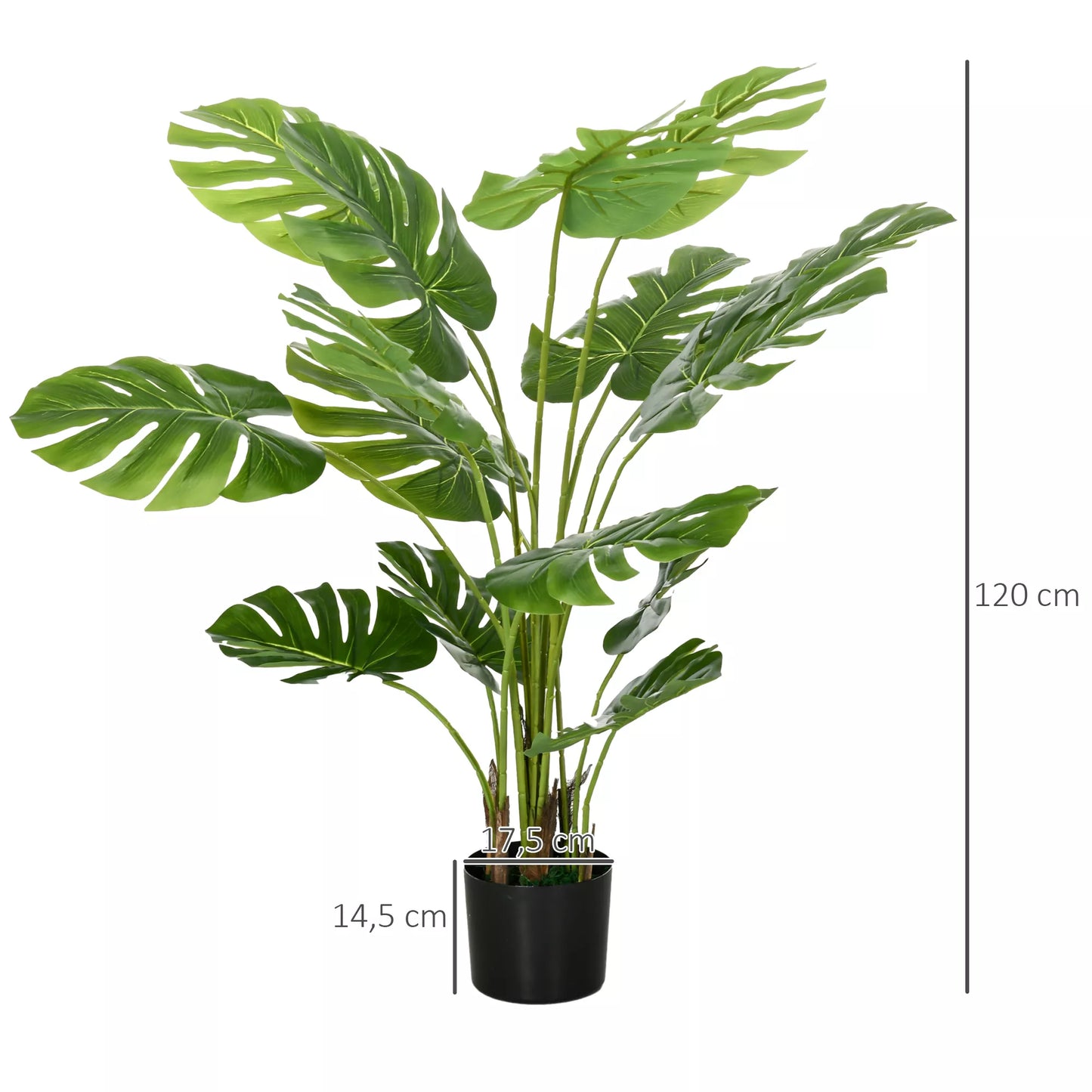 Realus dirbtinis augalas Monstera Deliciosa, 1 dekoratyvinis vazonas ir cemento pagrindas, 17,5 cm x 17,5 cm x 120 cm, žalias