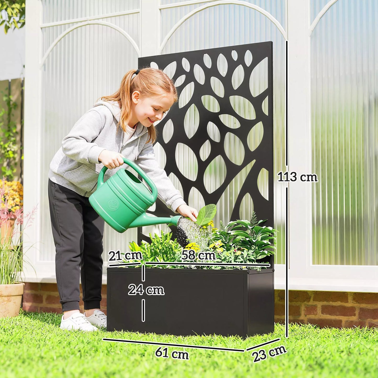 Pakelta lysvė su grotelėmis, metalinis vazonas su sienele tvirtinimui prie sienos arba pastatymui, plienas, 60x25x150 cm, antracito