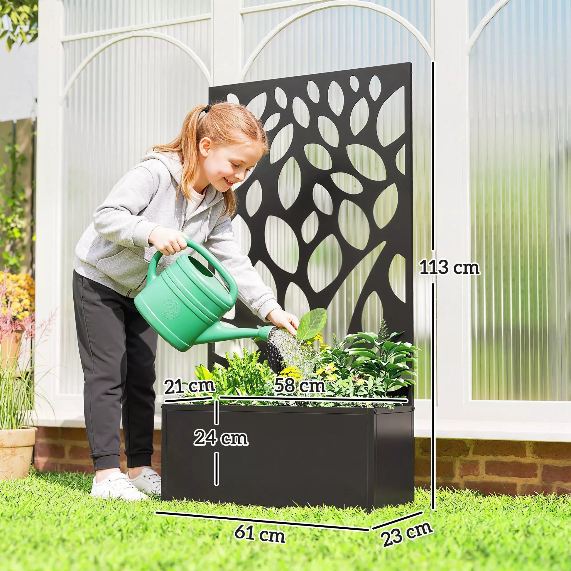 Pakelta lysvė su grotelėmis, metalinis vazonas su sienele tvirtinimui prie sienos arba pastatymui, plienas, 60x25x150 cm, antracito