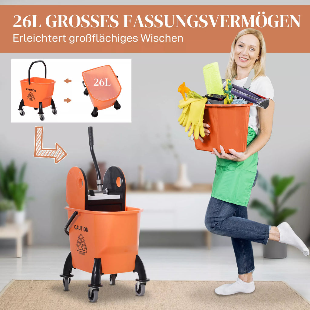 Ratinis valymo kibiras, šluotos kibiras, šluotos presas, 26 l, plastikinis, oranžinis