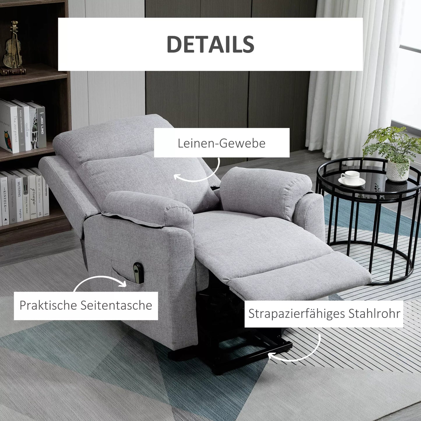 Elektrinis relaksacinis krėslas su pakėlimo funkcija, gulima funkcija, nuotolinio valdymo pulteliu, kišeninių spyruoklių branduoliu, iki 120 kg, pilkas