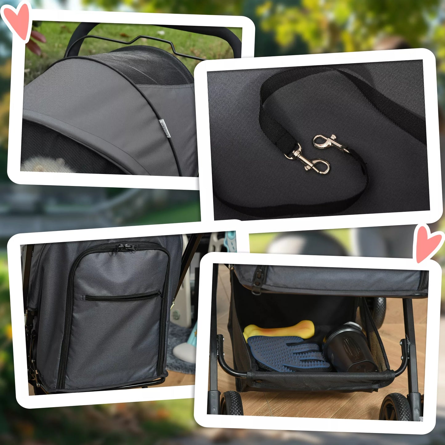 Šunų vežimėlis iki 10 kg, sulankstomas, tinklelio langas, laikymo krepšys, reguliuojamas stogelis, tamsiai pilkos spalvos, 76,5 x 52 x 95 cm