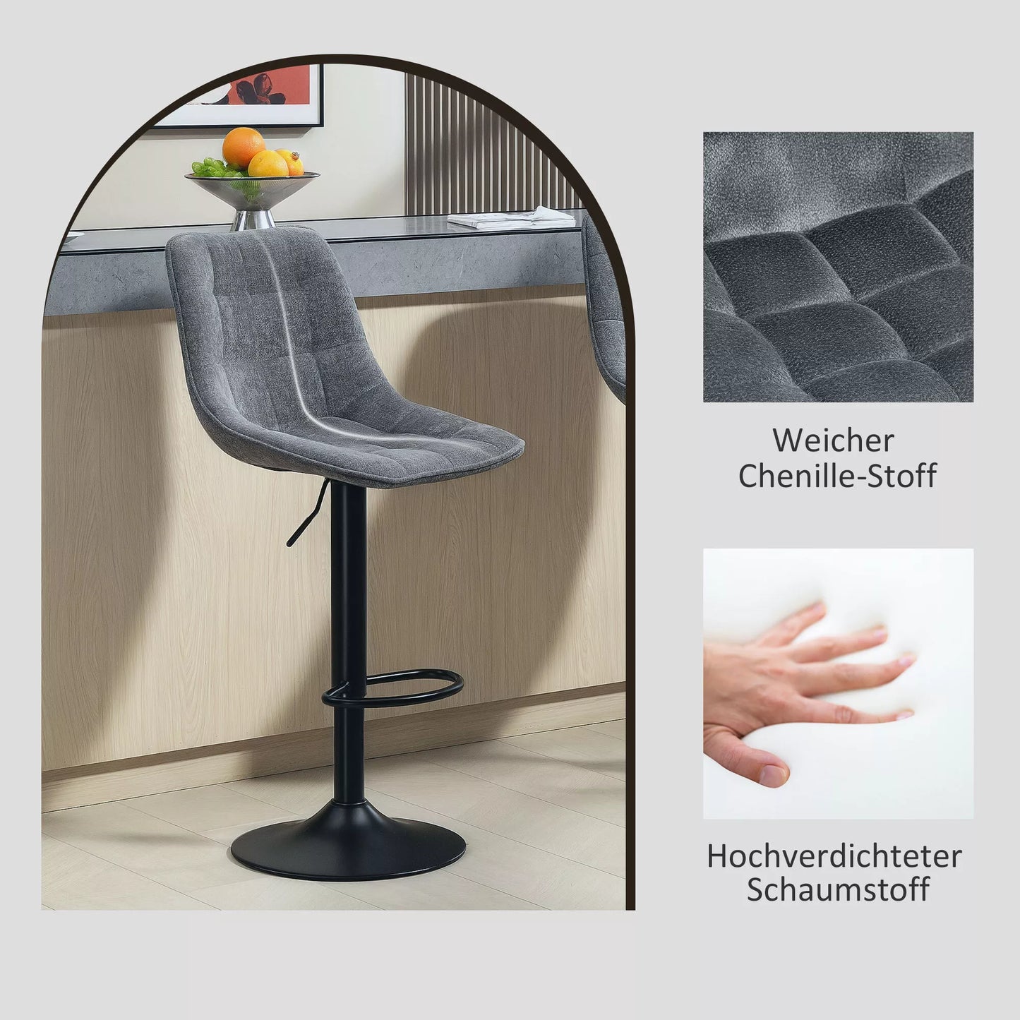 Modernus baro taburetės komplektas, 2 vnt. sukamos baro kėdės su atlošu, reguliuojamo aukščio, su atrama kojoms, minkštos, tamsiai pilkos