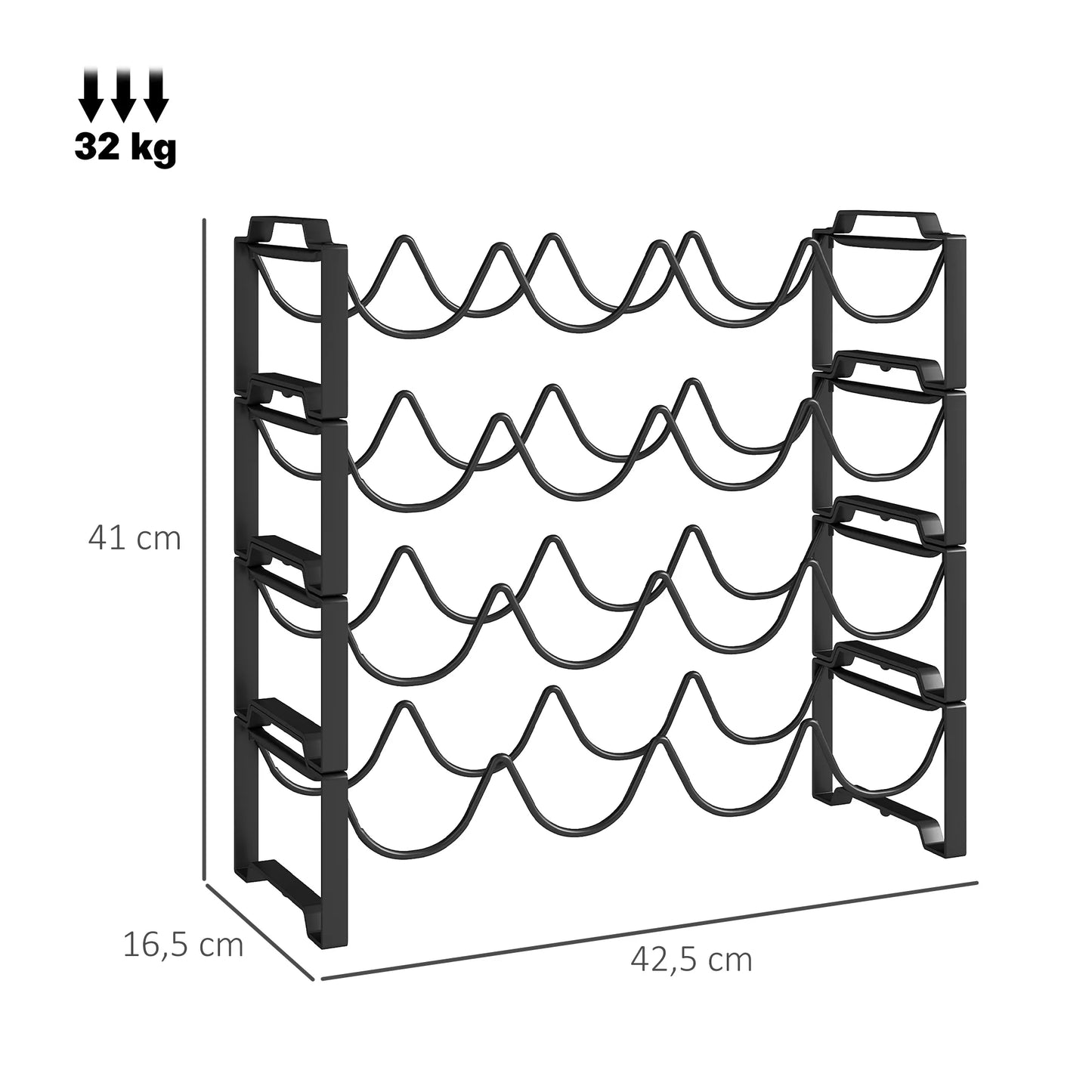 4 pakopų laisvai pastatomas vyno stovas 16 vyno buteliams, metalinis, juodas