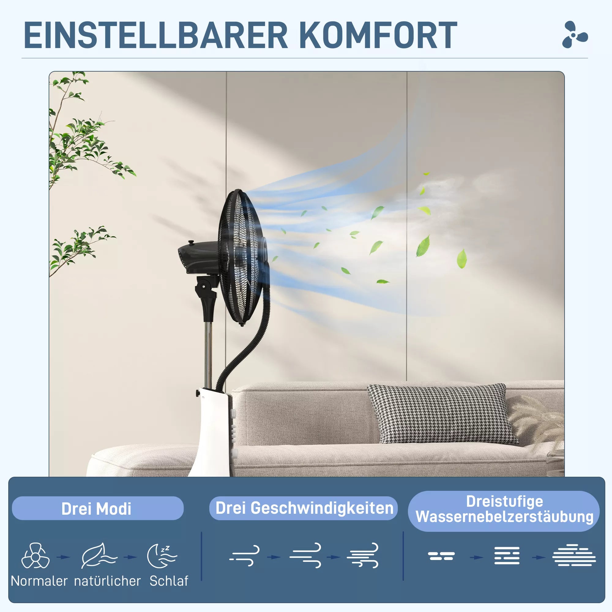 Stovinis ventiliatorius su oro drėkinimu, tylus, mobilus, nuotolinio valdymo pultas, juodas/baltas