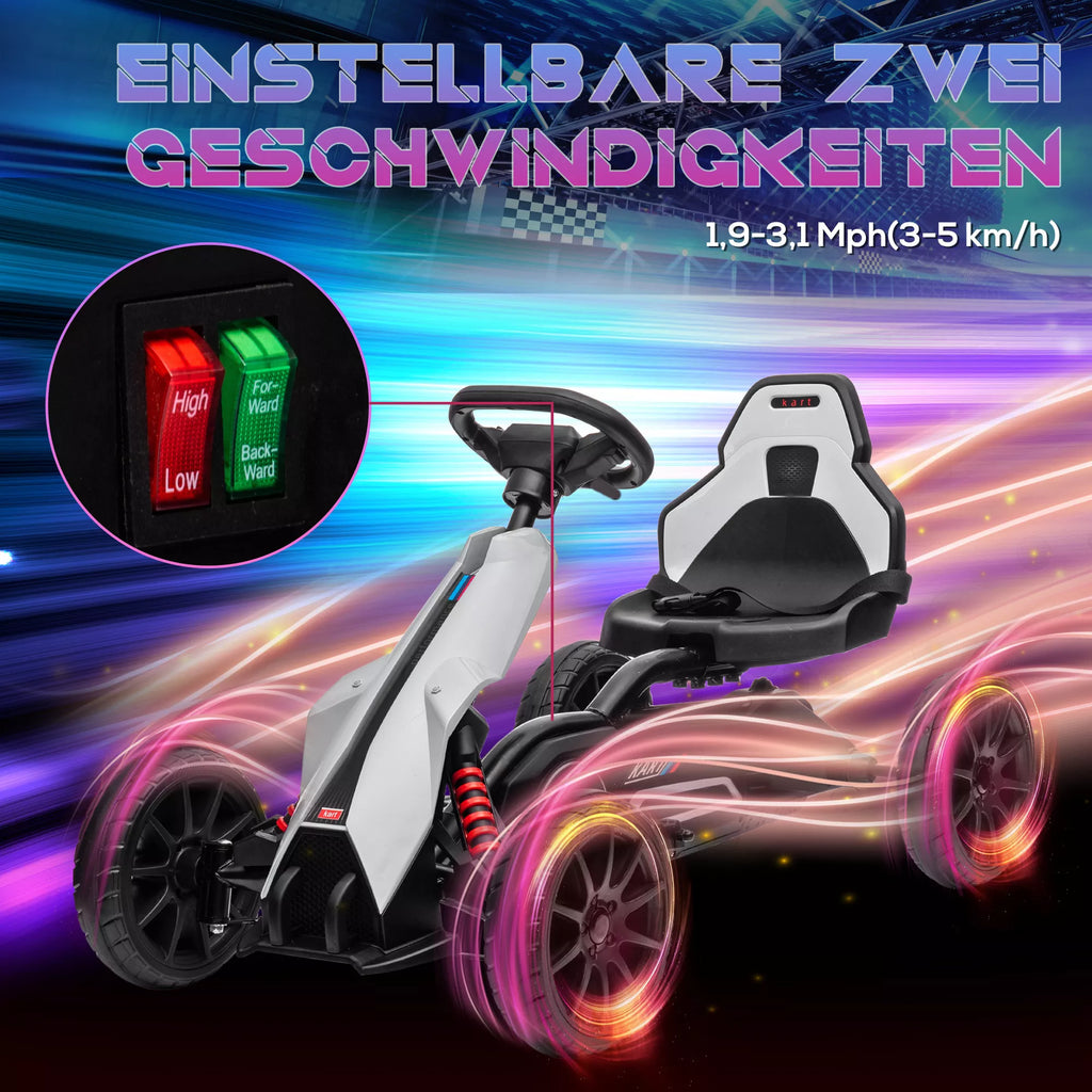 Go-Kart vaikams, elektrinis kartas, iki 5 km/h, saugos diržas, sėdynė su atlošu, plastikas, metalas, balta spalva
