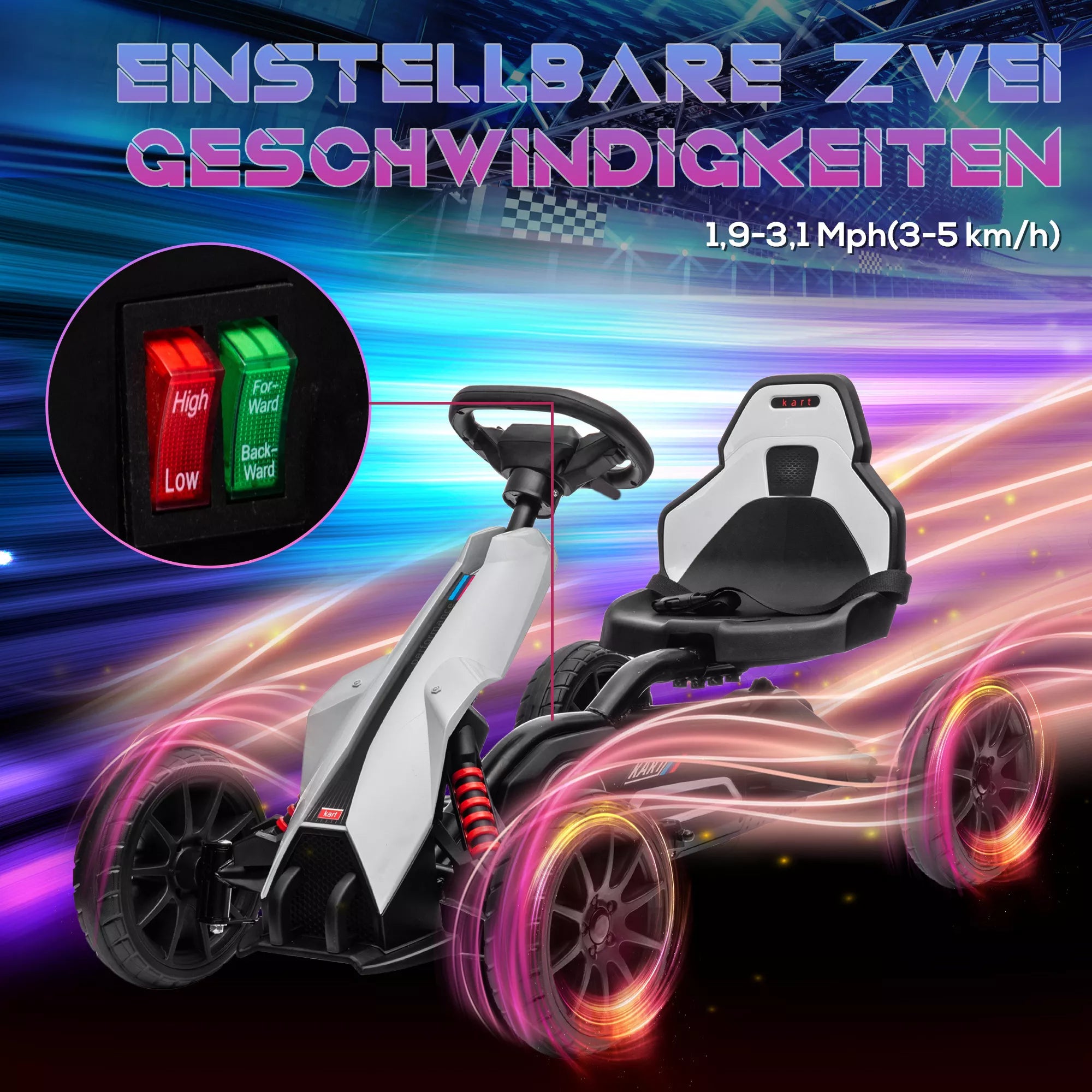 Go-Kart vaikams, elektrinis kartas, iki 5 km/h, saugos diržas, sėdynė su atlošu, plastikas, metalas, balta spalva
