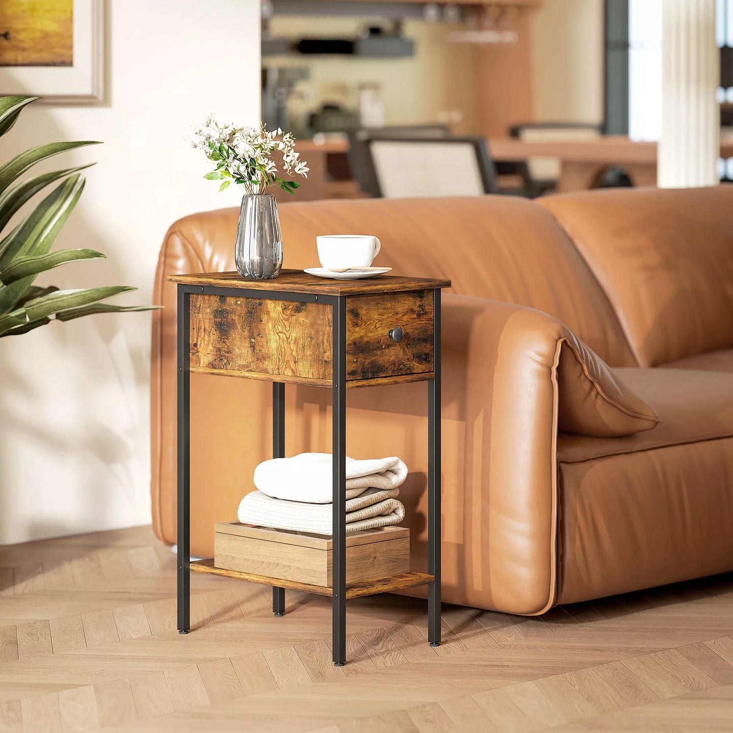 Pagalbinis staliukas su atviru skyriumi ir stalčiumi, naktinis staliukas, metalinės kojelės, medžio, rudas
