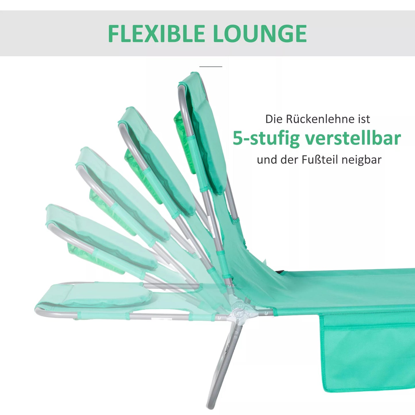 Sodo gultas, gultas su paminkštintu veido atidarymu, masažinis gultas lauke, šoninė kišenė, audinys, metalas, žalias