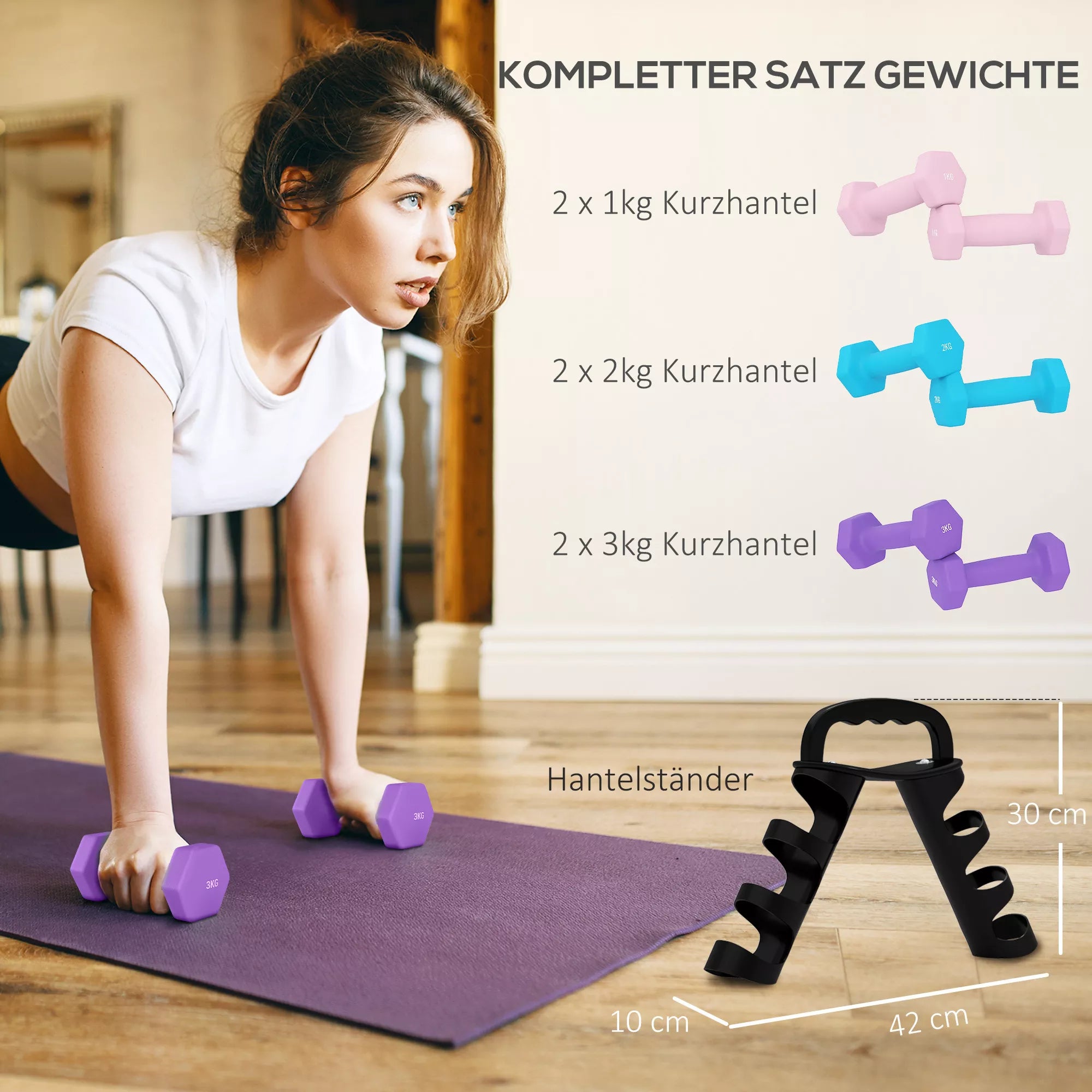 Hantelų rinkinys su laikymo stovu, rinkinys su 6 hanteliais treniruotėms, 2 x 1 kg, 2 x 2 kg, 2 x 3 kg