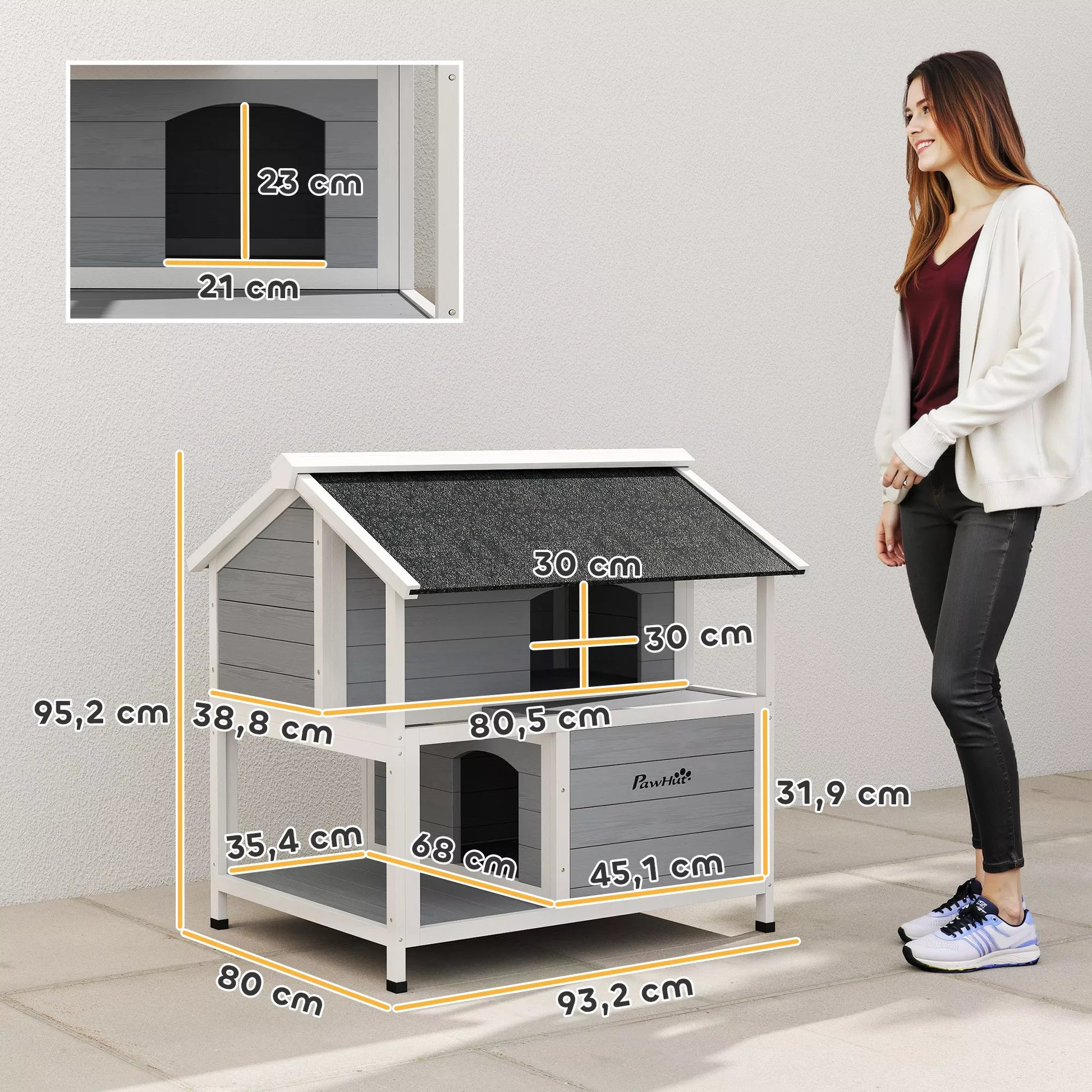 Lauko katės namelis, prieglobstis lauke, atsparus vandeniui, atidaromas stogas, eglės mediena, 80 x 93 x 95, pilkos spalvos