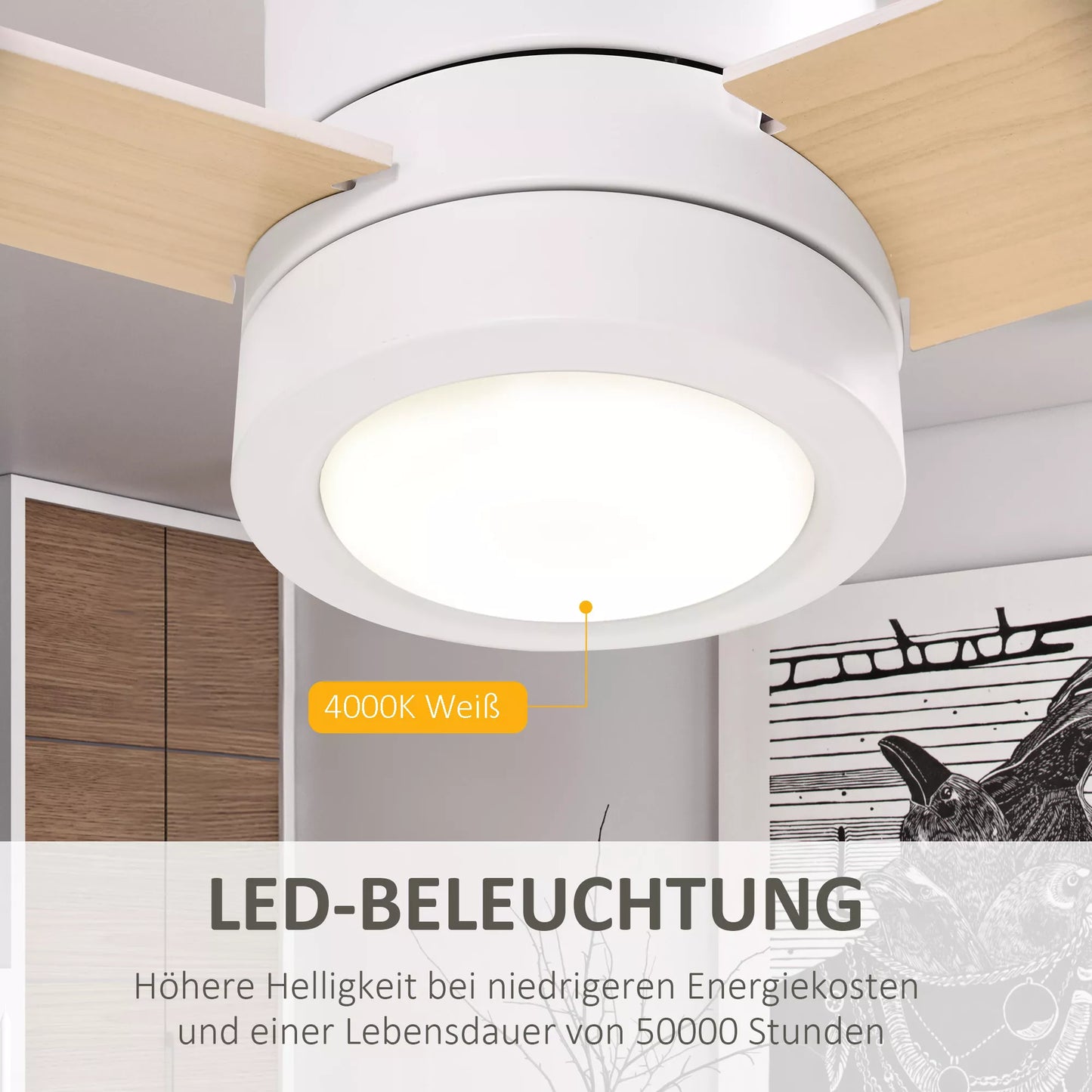 Lubų ventiliatorius su LED apšvietimu, 2-in-1 dizainas, su laikmačiu, nuotolinio valdymo pultu, lubų lempa su ventiliatoriumi, balta + natūralaus medžio spalva