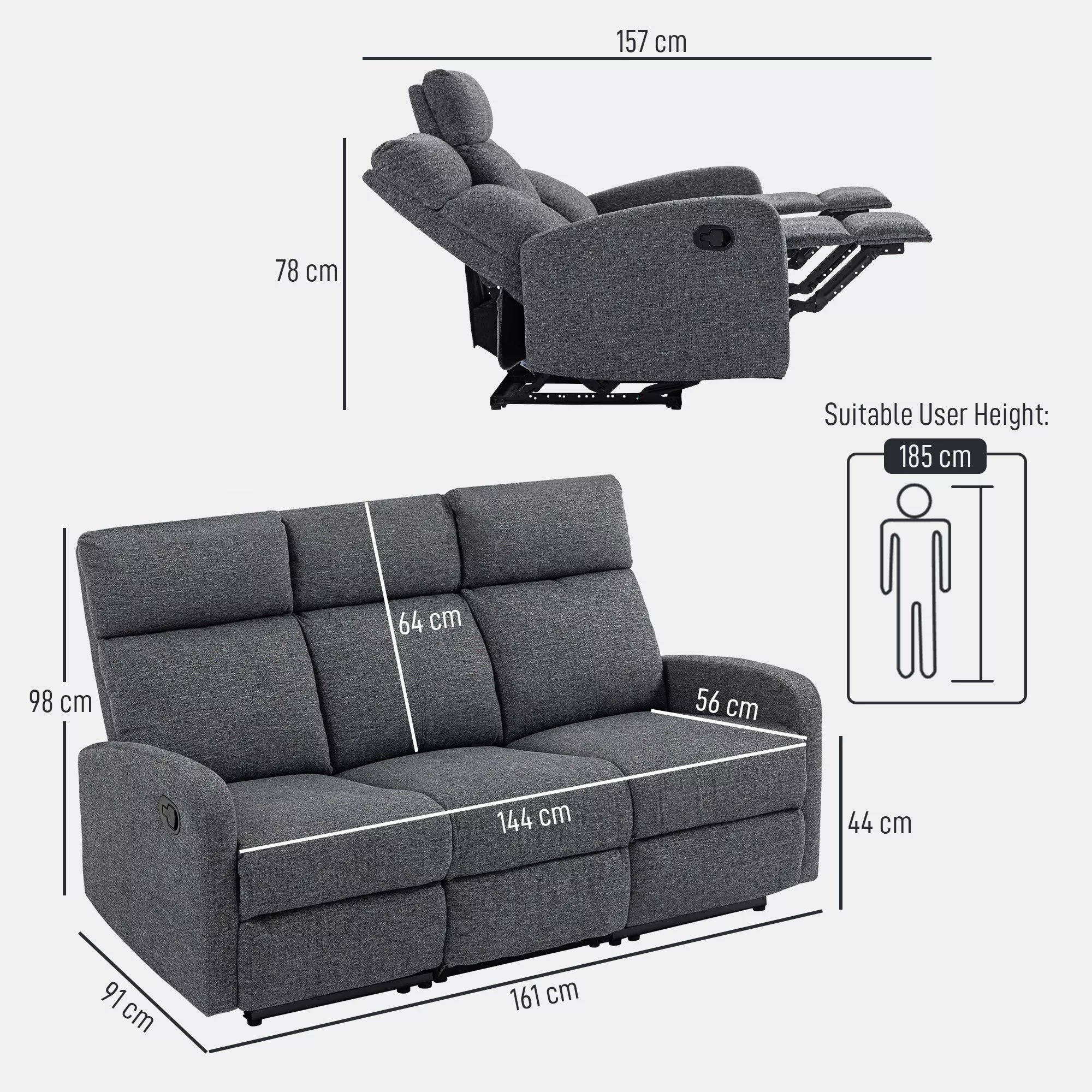 3 vietų sofa, individualiai reguliuojamos atlošos, kojų atrama, audinio apmušalas, metalas, pilka