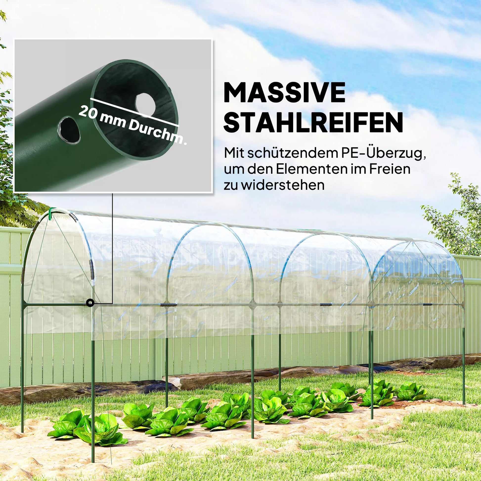 Šiltnamis, atsparus žiemai Plėvelinis šiltnamis su arkiniu stogu, žemės tvirtinimais Šiltnamis 400 x 120 x 170 cm Skaidrus