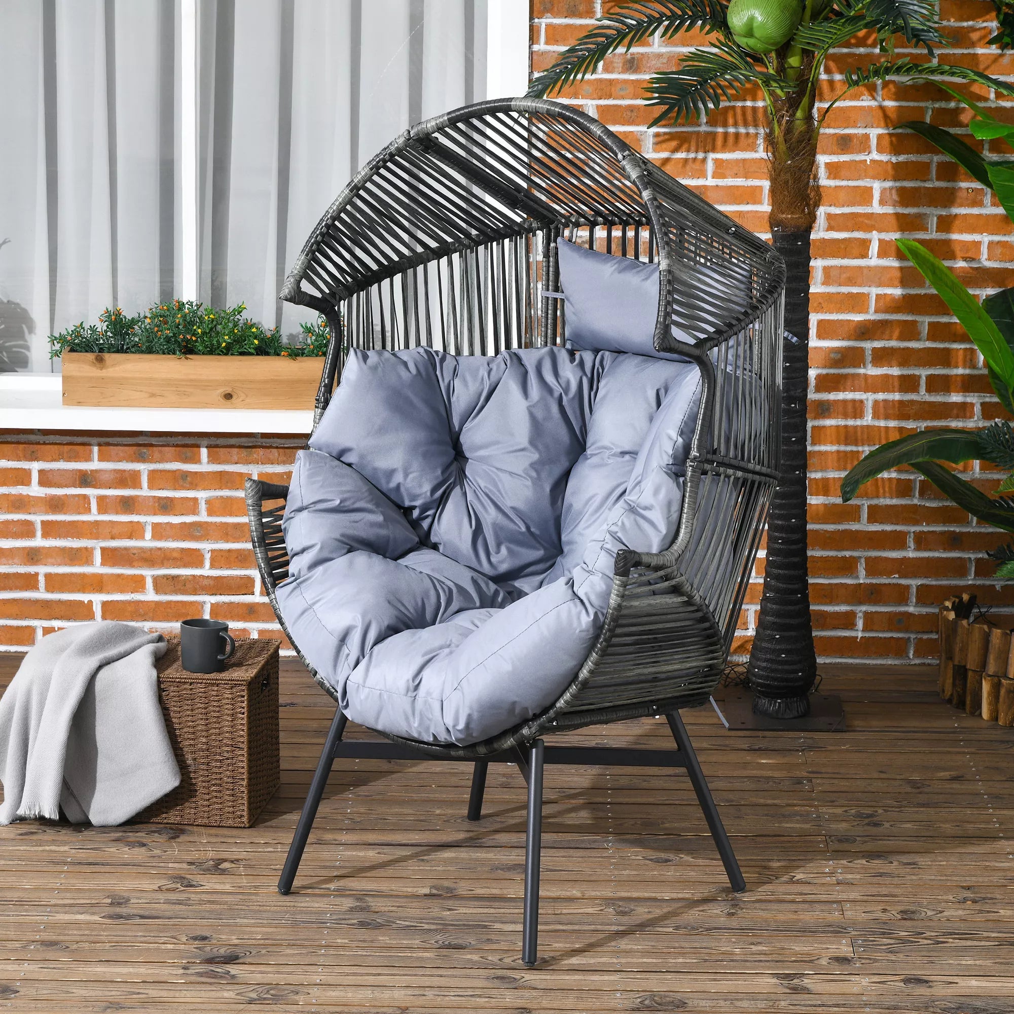Rattan kėdė Lauko kėdė Sodo kėdė, PE-rattan, 89 cm x 75 cm x 143 cm, pilka+juoda