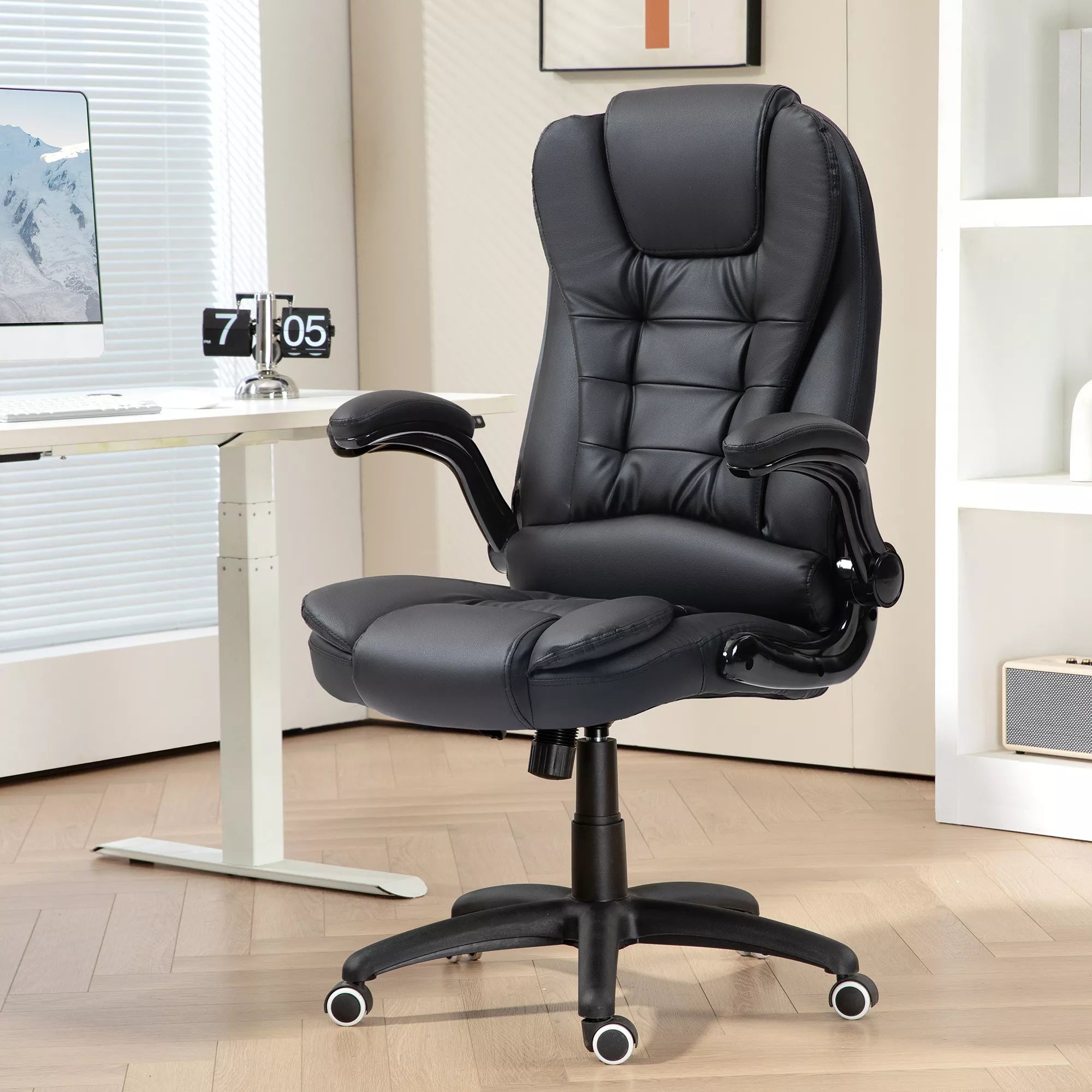 Ergonomiška biuro kėdė, sulankstomi porankiai, pakreipimo funkcija, juoda