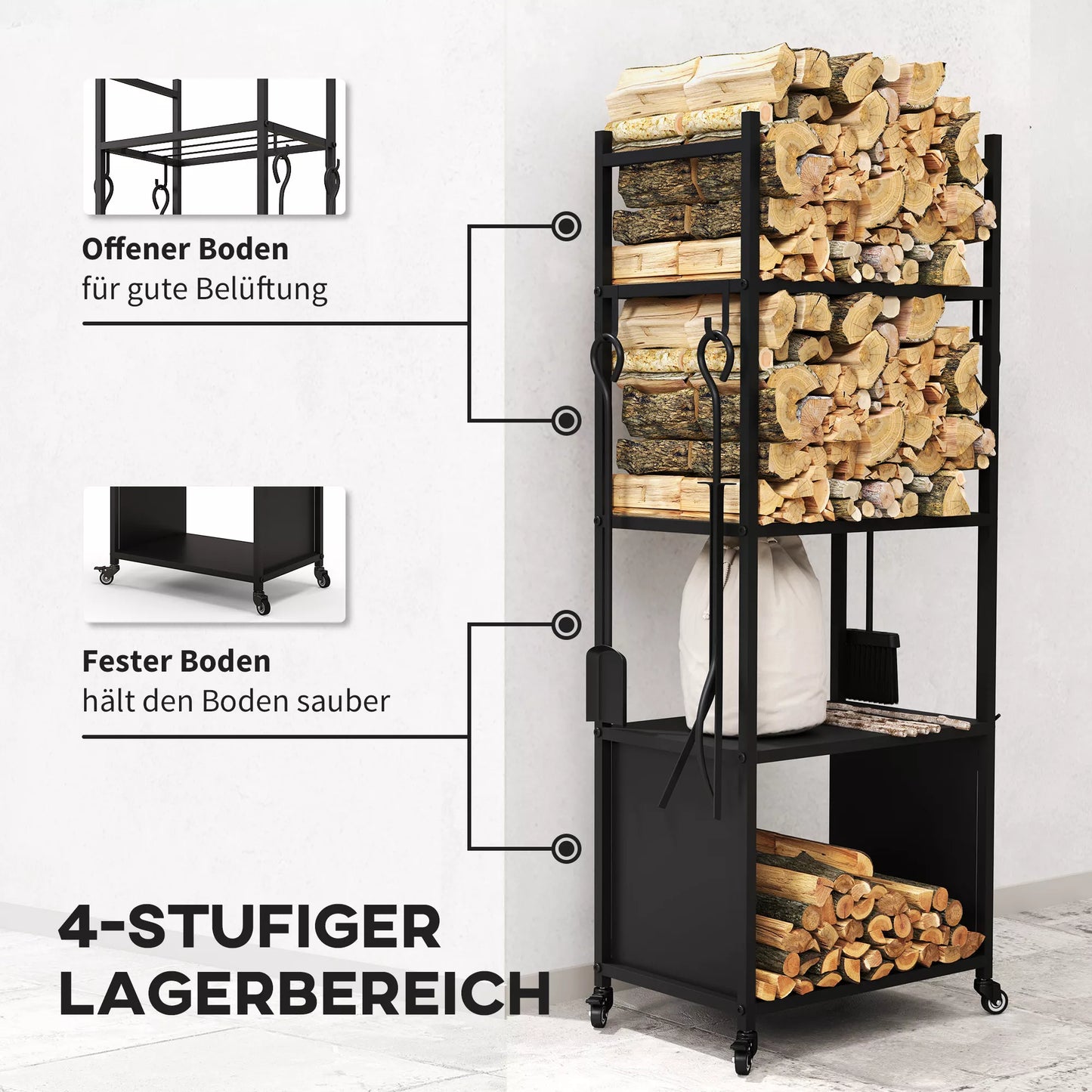 4 pakopų malkų laikiklis su ratukais ir 4 įrankiais, metalinis malkų laikiklis vidaus ir lauko reikmėms, juodas