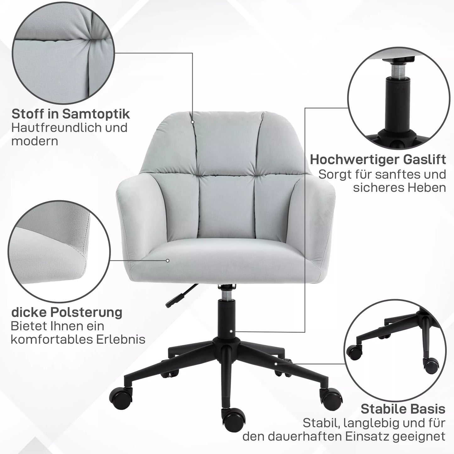 Ergonomiška darbo kėdė, aukščio reguliuojama, pasukama, aksomo išvaizdos, iki 120 kg, šviesiai pilka