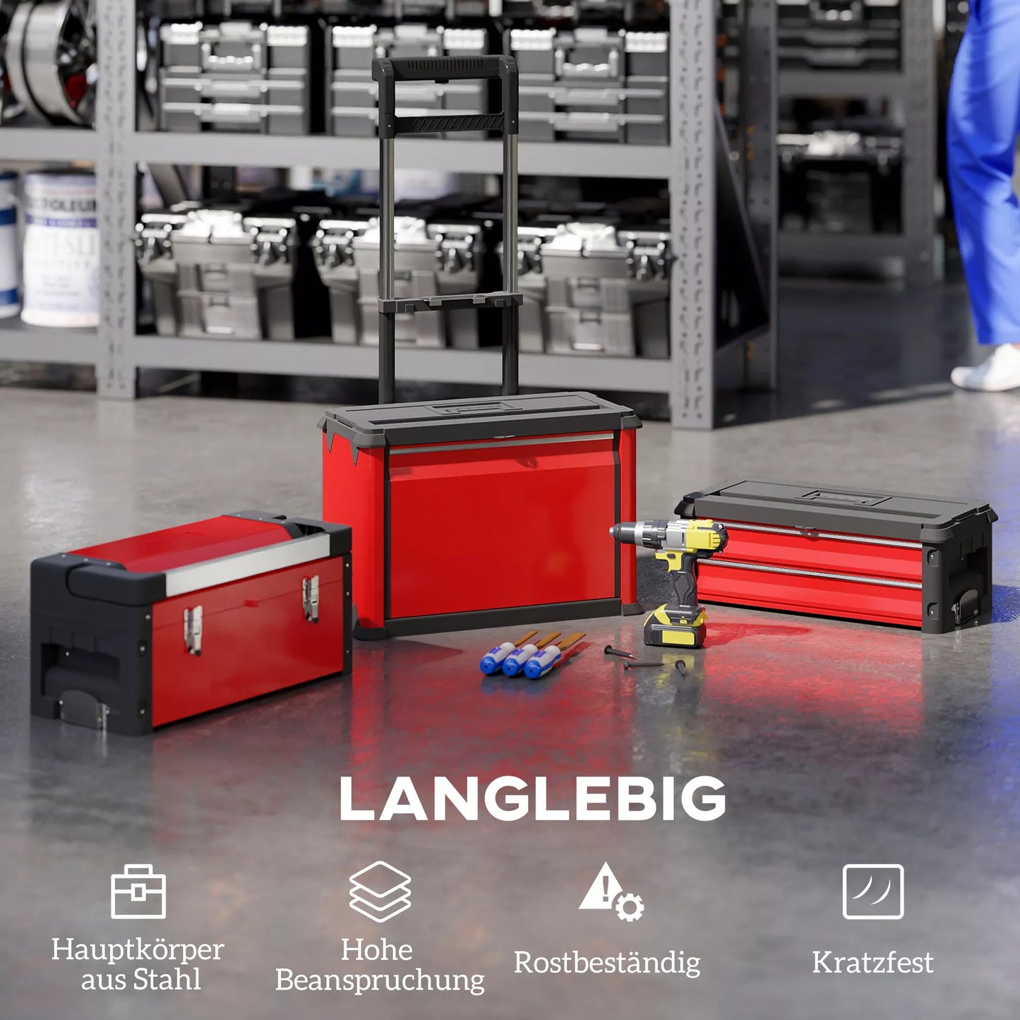 3 pakopų įrankių dėžių rinkinys su ratukais, sujungiamas, plienas, plastikas