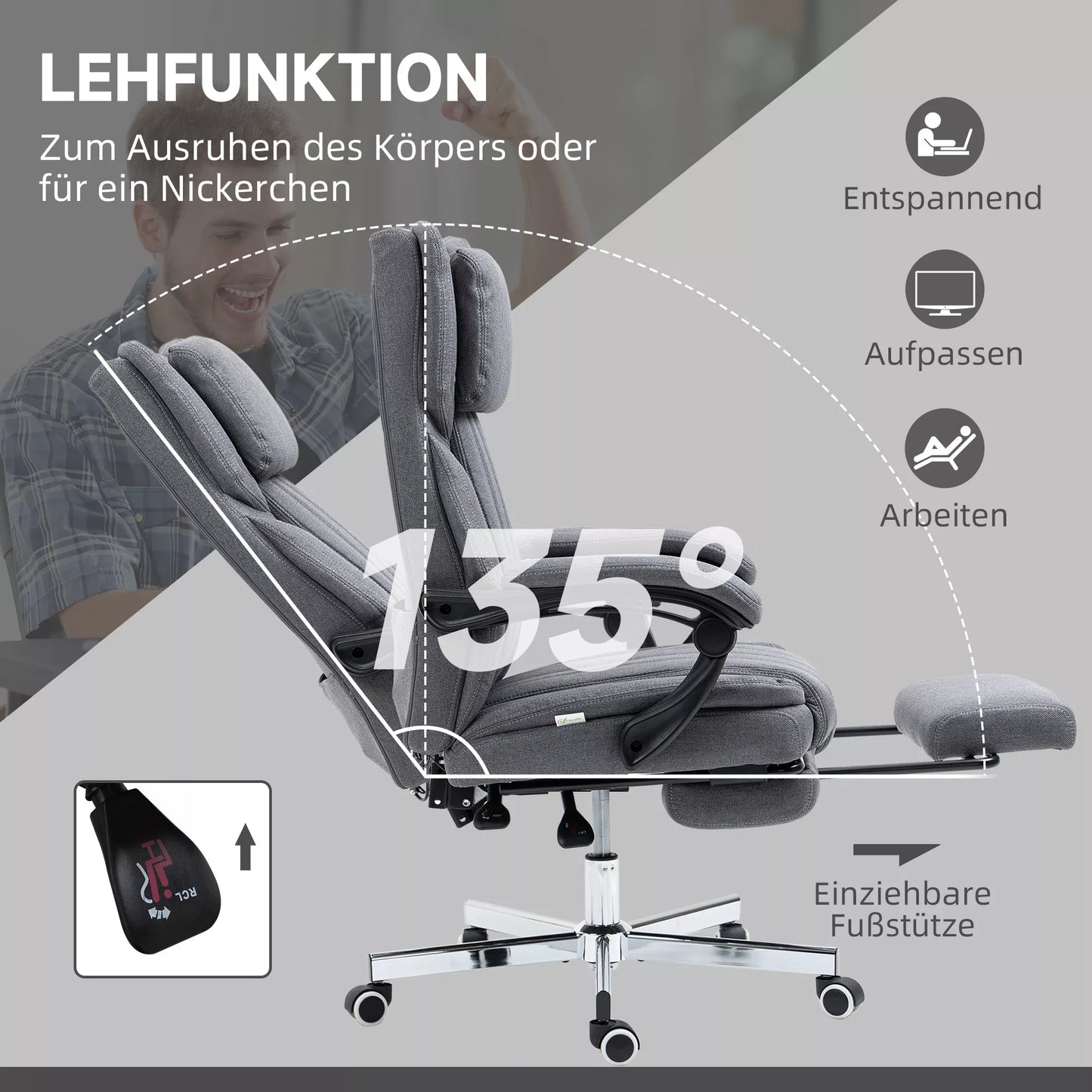 Biuro kėdė su masažo funkcija, pakreipiamas atlošas, ištraukiama kojų atrama, lininės išvaizdos, pilka, 65 x 61 x 113 cm