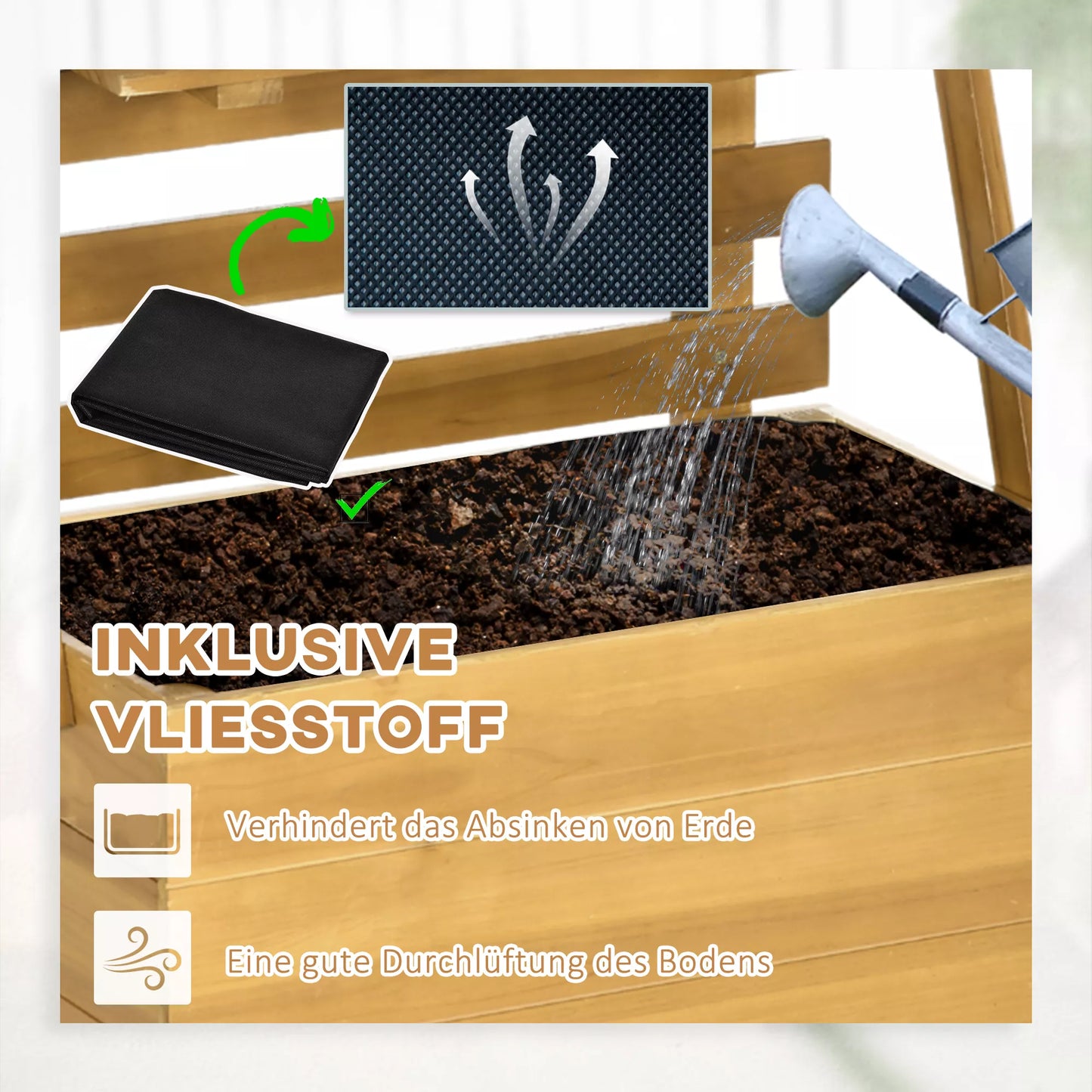 Pakeltas daržas su 3 stalčiais, įsk. atramą augalams, atsparus oro sąlygoms, vientisos medienos, 63 cm x 39 cm x 160 cm, natūralus