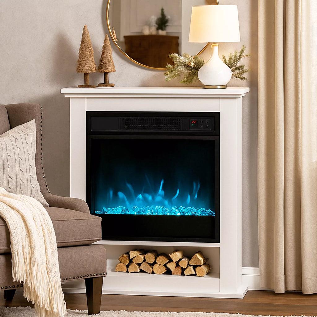 Elektrinis židinys, 9 spalvų realistinis liepsnos efektas, reguliuojamas ryškumas, 1800W, su nuotolinio valdymo pulteliu, laikmatis, baltas