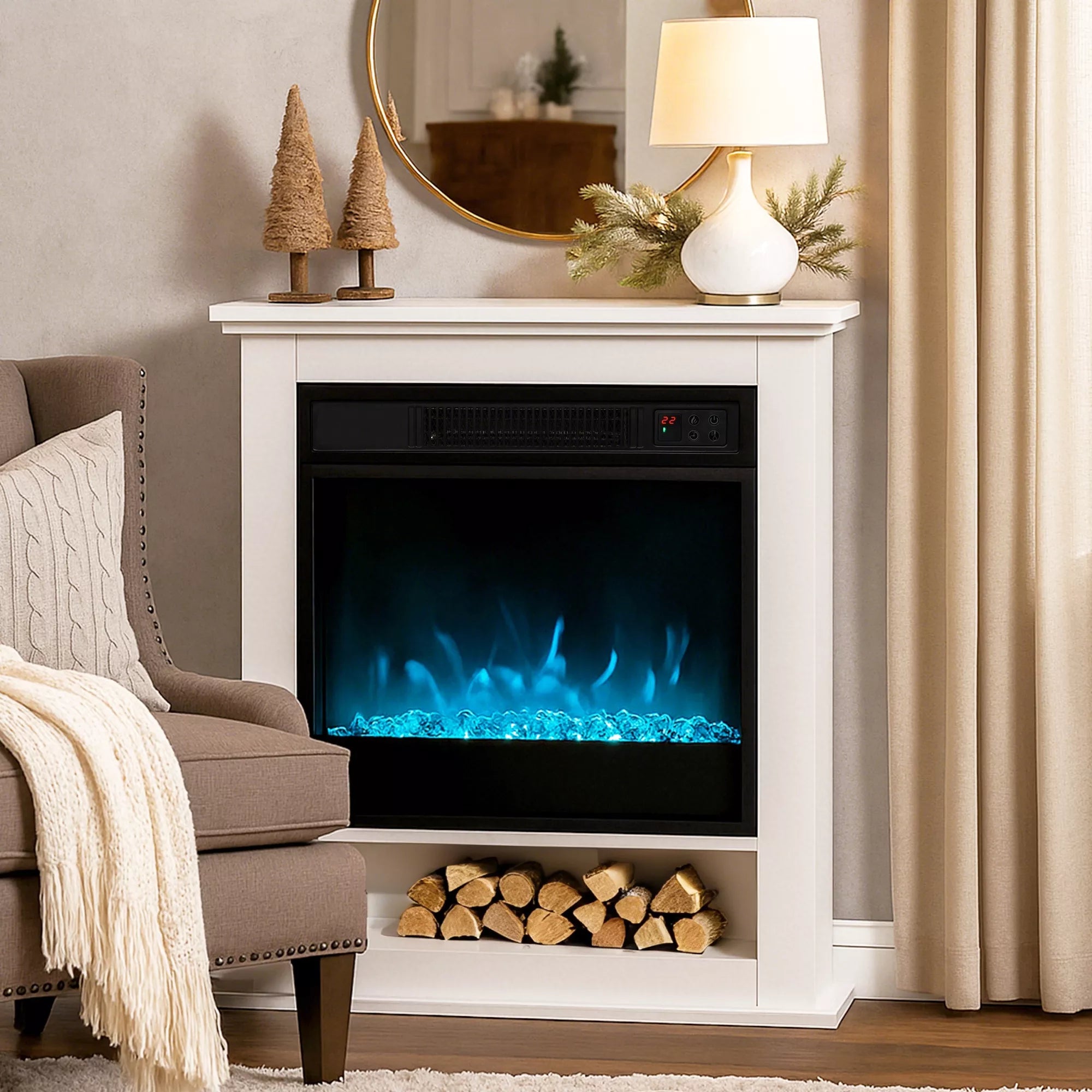 Elektrinis židinys, 9 spalvų realistinis liepsnos efektas, reguliuojamas ryškumas, 1800W, su nuotolinio valdymo pulteliu, laikmatis, baltas