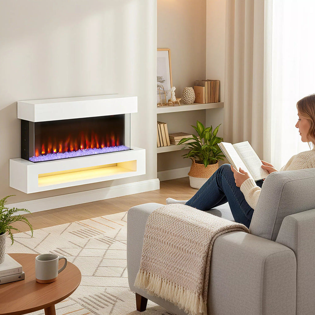 Elektrinis židinys su 11 liepsnos spalvų, 10 kristalų lovos spalvų, 1000 W/2000 W, nuotolinio valdymo pultas, universalus, baltas