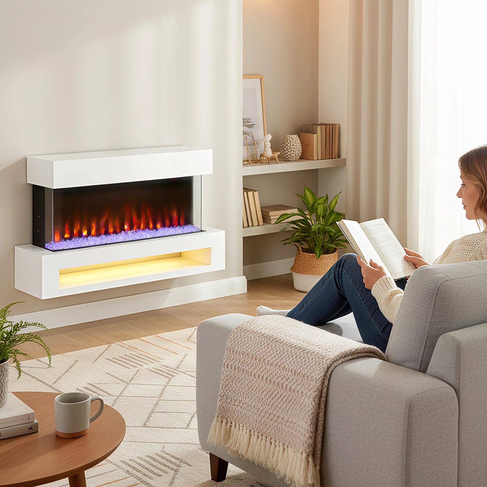 Elektrinis židinys su 11 liepsnos spalvų, 10 kristalų lovos spalvų, 1000 W/2000 W, nuotolinio valdymo pultas, universalus, baltas