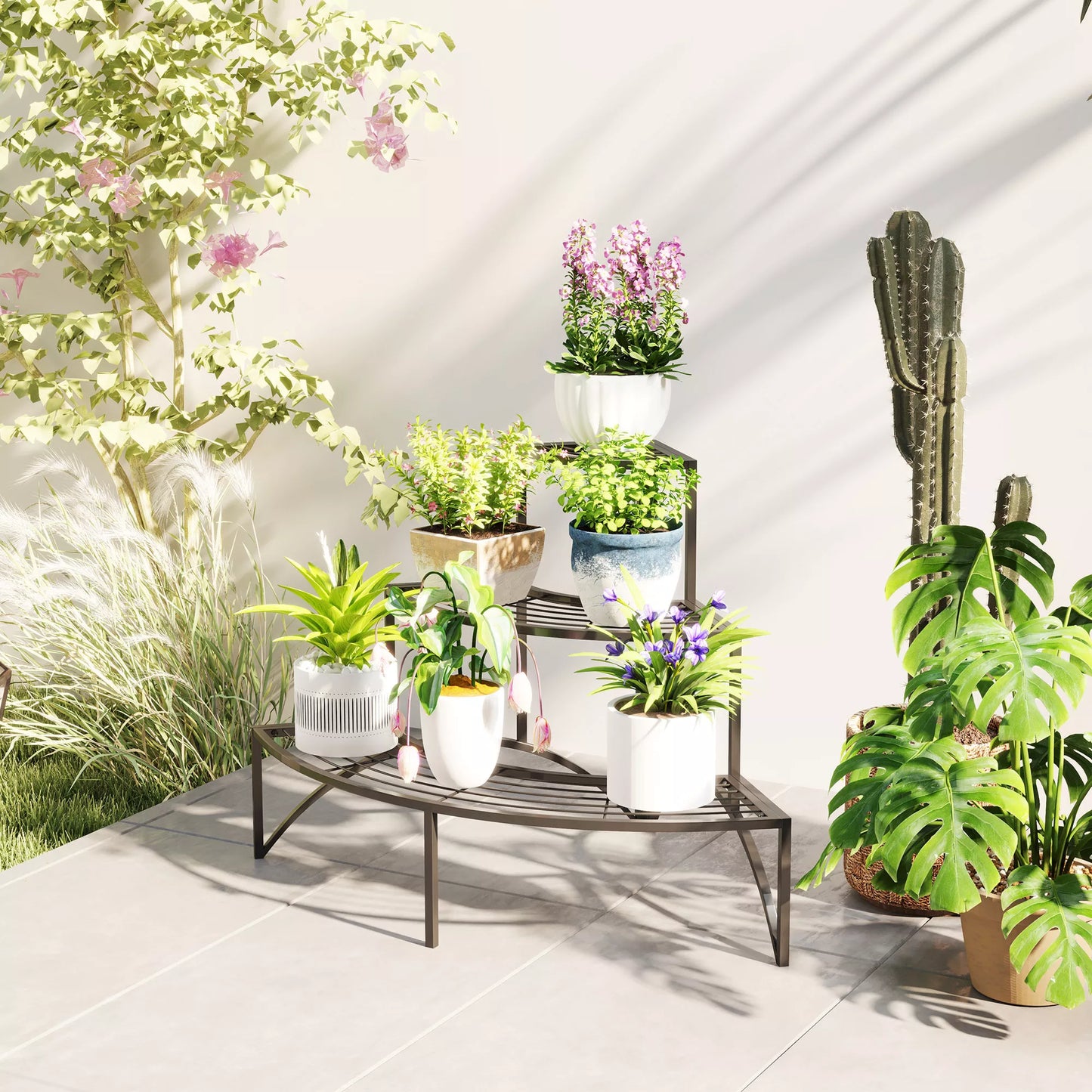 Kampinis gėlių stovas su 3 pakopomis, metalinis, skirtas naudoti viduje ir lauke, juodas