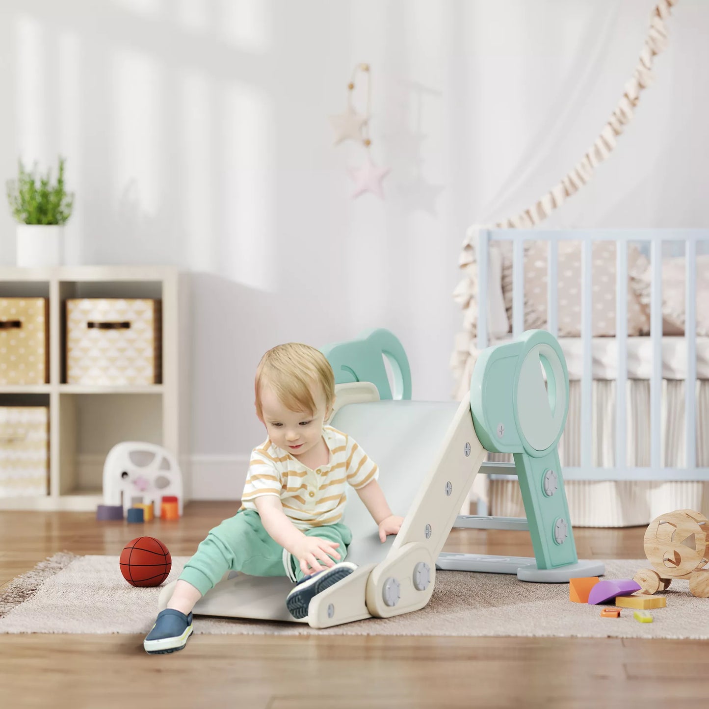 Slydimo kalnelis mažiems vaikams, sulankstomas, skirtas naudoti patalpose, neslidžios pakopos, padidintas saugos kraštas, žalias