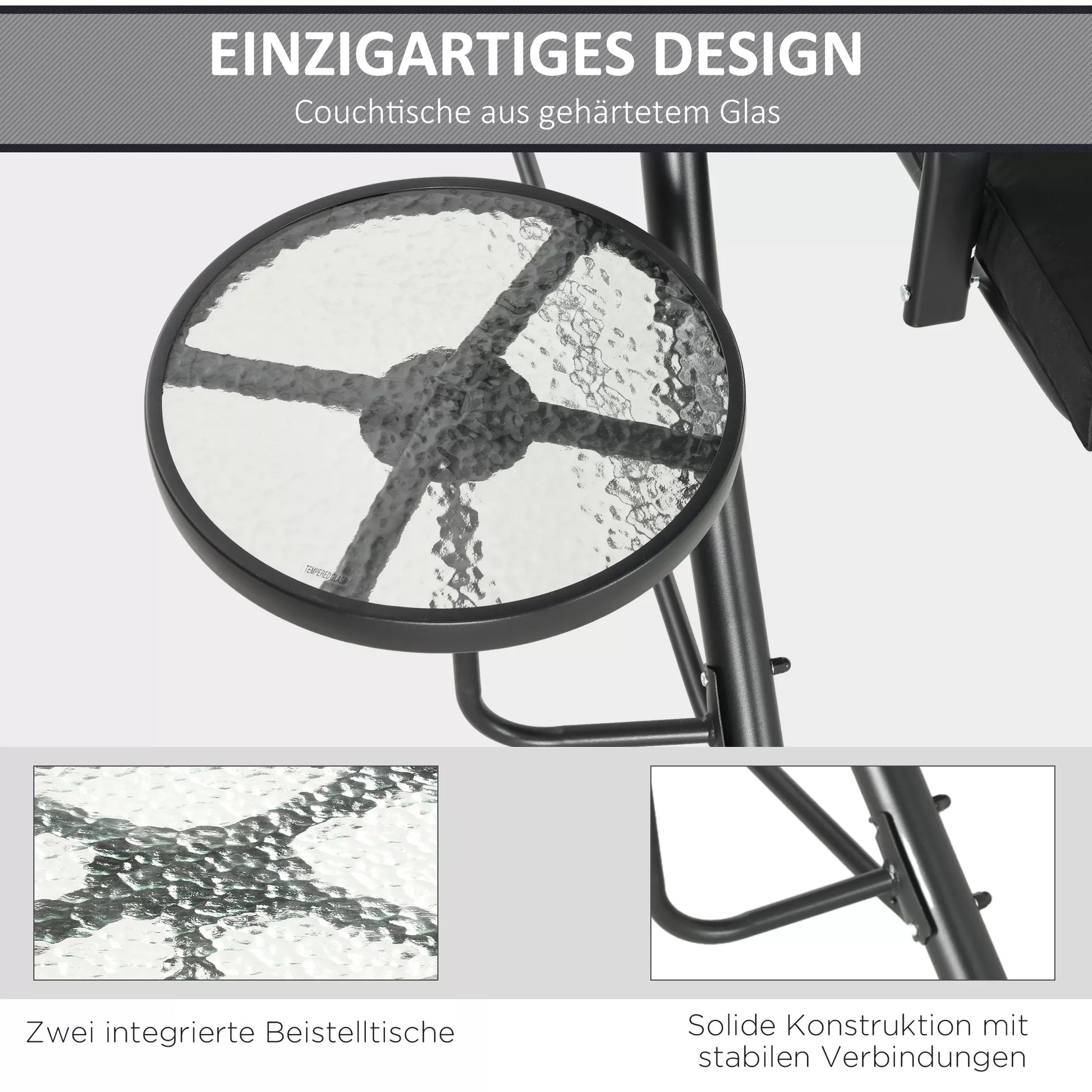 Holivudo sūpynės, sūpynės su suoliuku, 3 vietų sodo sūpynės su reguliuojamu saulės stogu, 278 x 135 x 177 cm, juodos spalvos