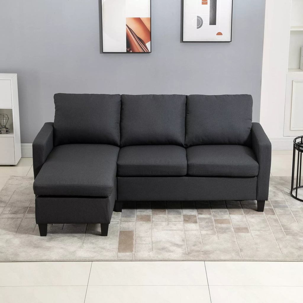 Kampas sekcija, 3 vietų sofa su pagalvėlėmis, kampinė sofa, L formos sofa svetainei, miegamajam 197 x 139 x 91 cm, linas, tamsiai pilka
