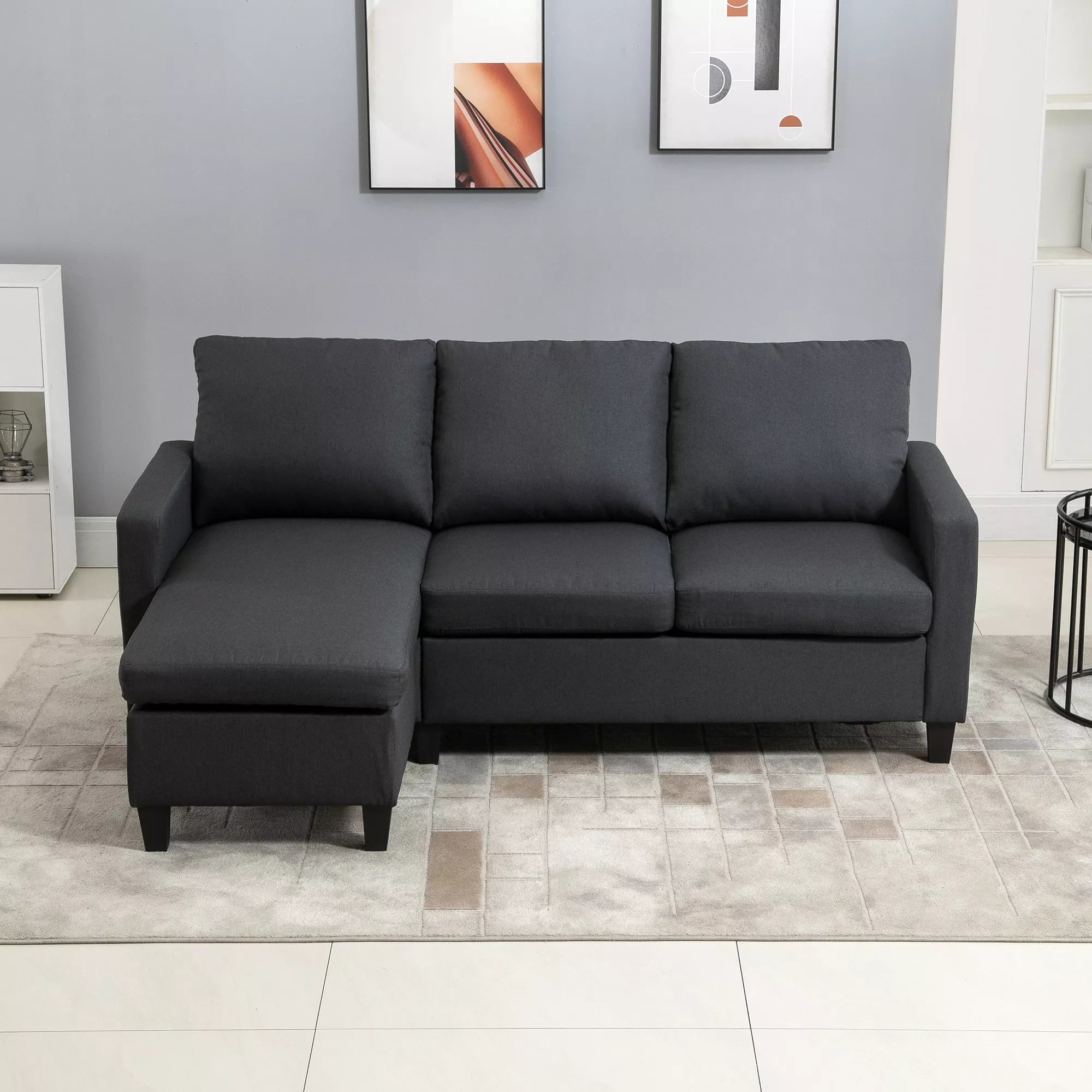 Kampas sekcija, 3 vietų sofa su pagalvėlėmis, kampinė sofa, L formos sofa svetainei, miegamajam 197 x 139 x 91 cm, linas, tamsiai pilka
