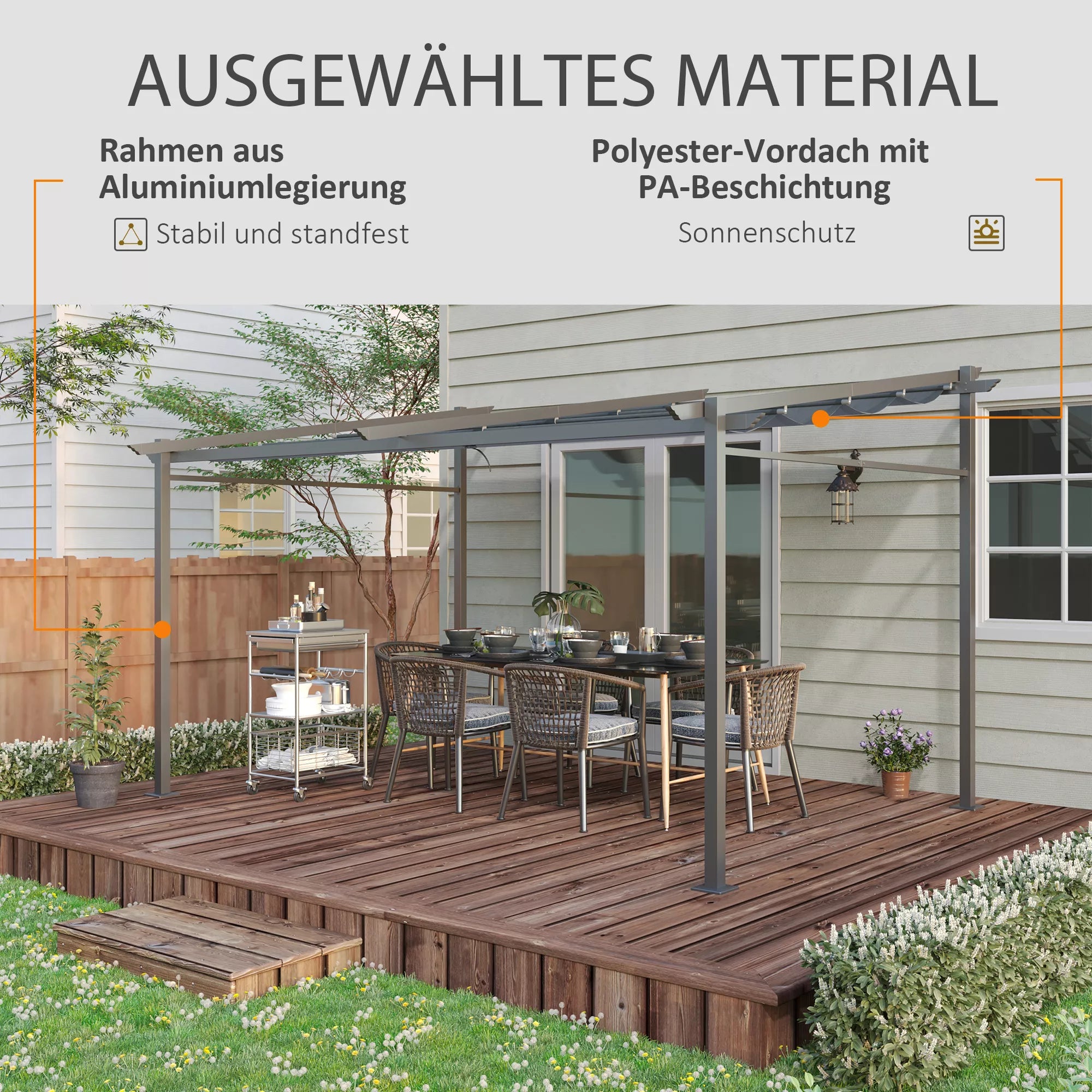 Pergola, su tvirtinimo elementais, ištraukiamas stogas, 3,97 m x 2,95 m x 2,3 m, tamsiai pilka