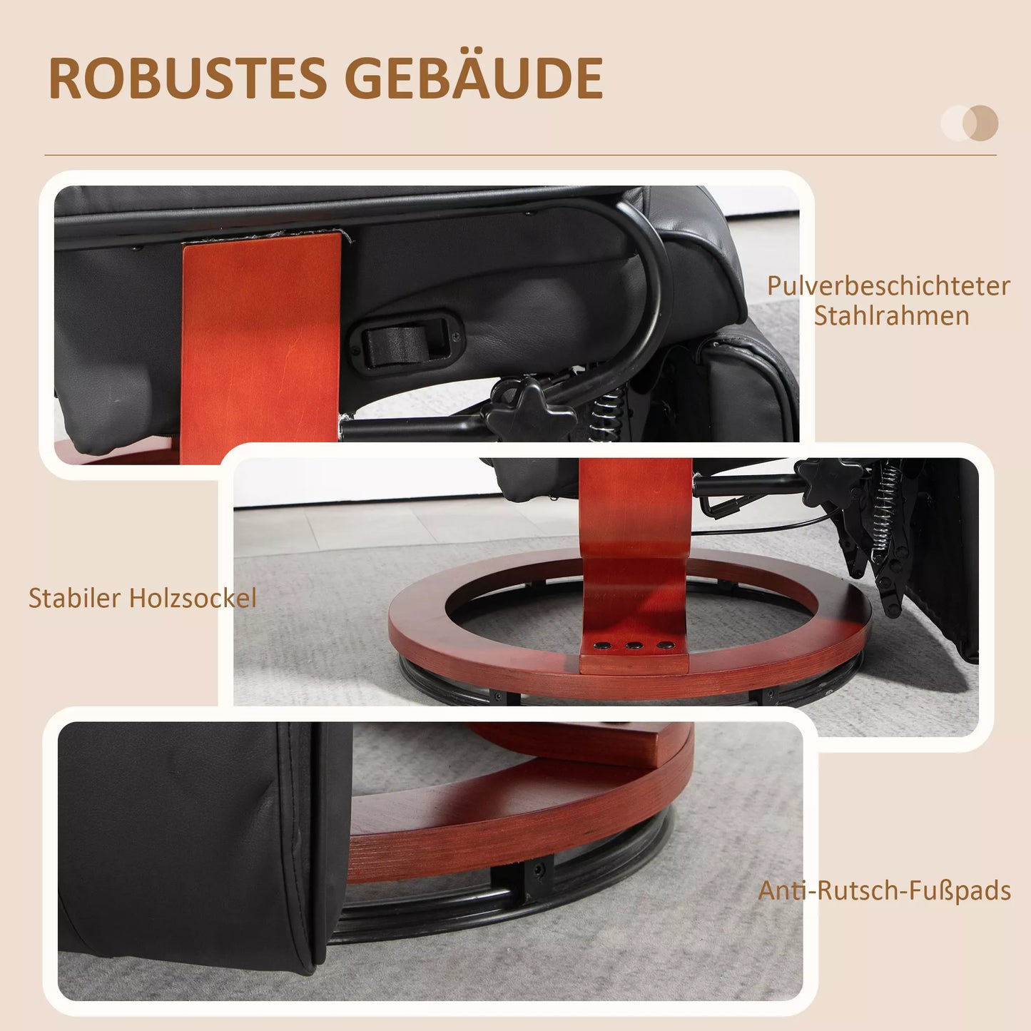 Relaksacinis krėslas su atlošimo funkcija, sukamasis, iki 150 kg, dirbtinės odos apmušalas, plieninis rėmas, rudas