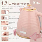 Infografika: 1,7 l rožinis virdulys su 6 funkcijomis – vandens lygis, besisukantis pagrindas