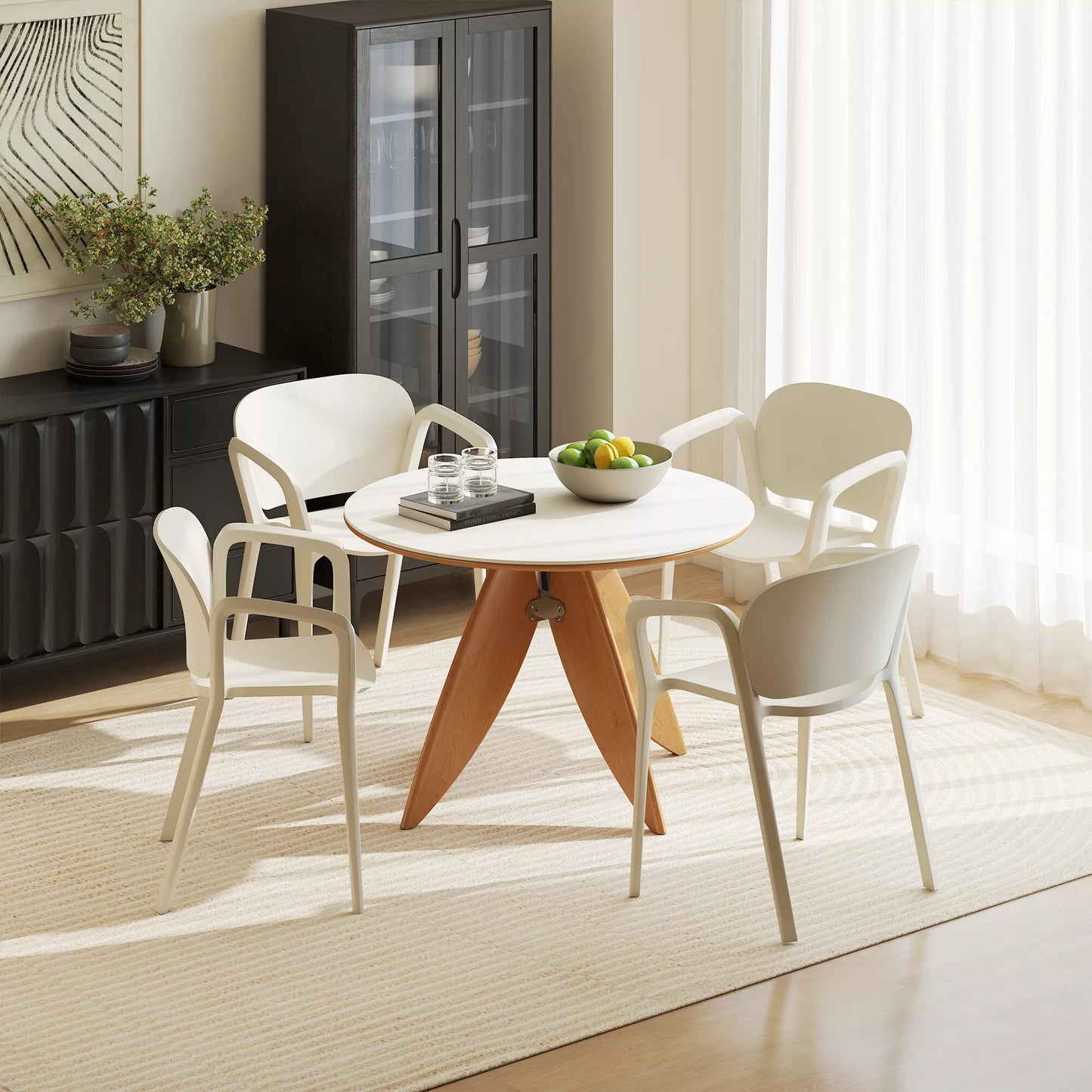 Lauko kėdžių rinkinys iš 4 vnt., atsparus oro sąlygoms, pagamintas iš plastiko, sukraunama kėdė su porankiais, atlošu, atlaiko iki 120 kg