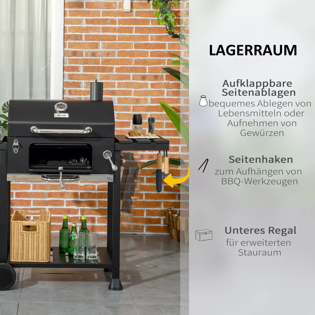 Anglies grilis-barbekiu-rūkynė, su termometru ir butelių atidarytuvu, 120 x 64 x 114 cm, juodos spalvos