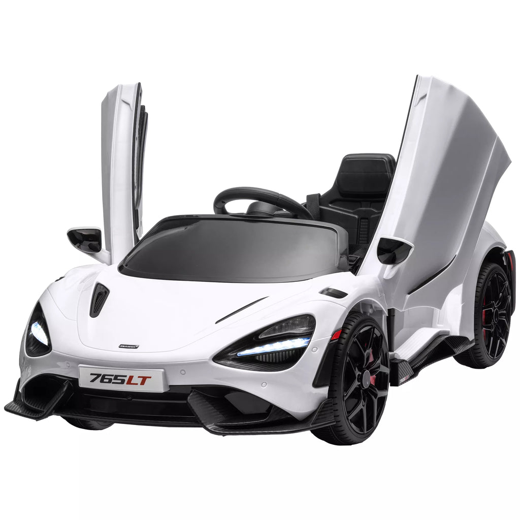 Vaikų elektrinis automobilis su sparninėmis durimis, nuotolinio valdymo pultu, švelniu varikliu ir LED žibintais, baltas
