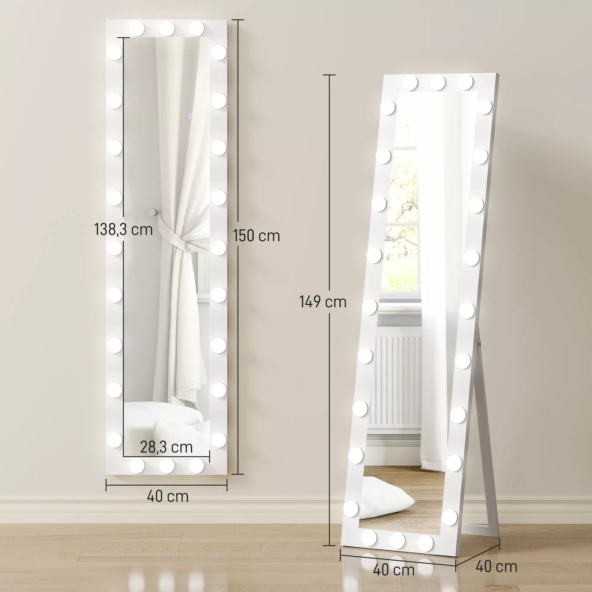 Visas kūno veidrodis 150x40 cm LED veidrodis su 24 lemputėmis, 3 šviesos spalvos, laisvai stovintis, atlenkiamas arba montuojamas prie sienos, baltas