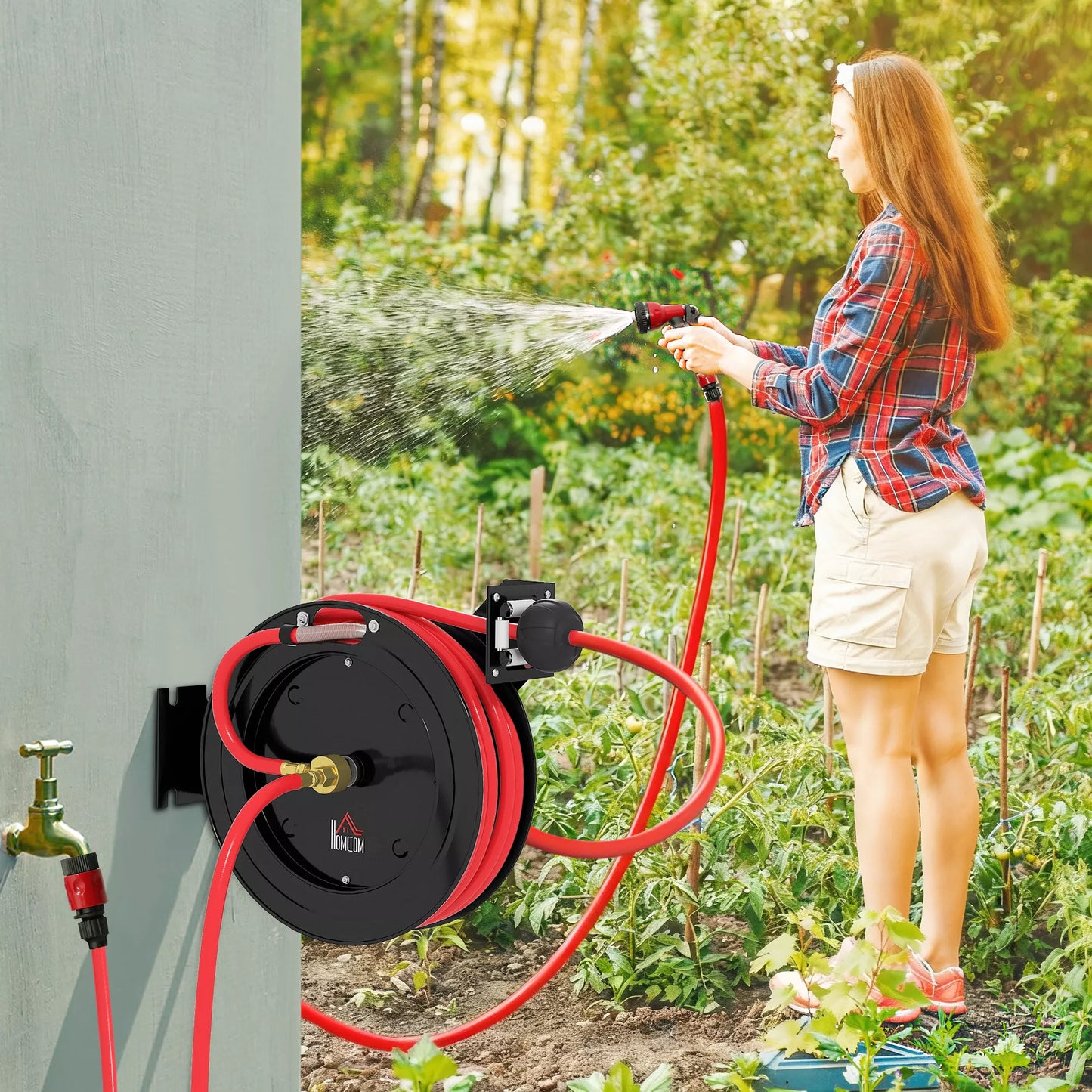 Sieninis sodo žarnos ritininis laikiklis, automatinis atitraukimas, 20 bar vandens slėgis, 15+1 m žarna, metalas