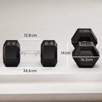Infografika su matmenimis: 34,6 cm ilgio hantelia, 12,8 cm ir 16,2 cm skersmuo