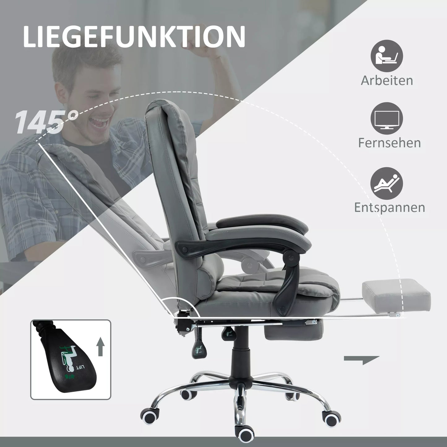 Biuro kėdė su atrama kojoms, darbo kėdė, reguliuojamas atlošas, reguliuojamas aukštis, Pilka+Juoda+Sidabrinė